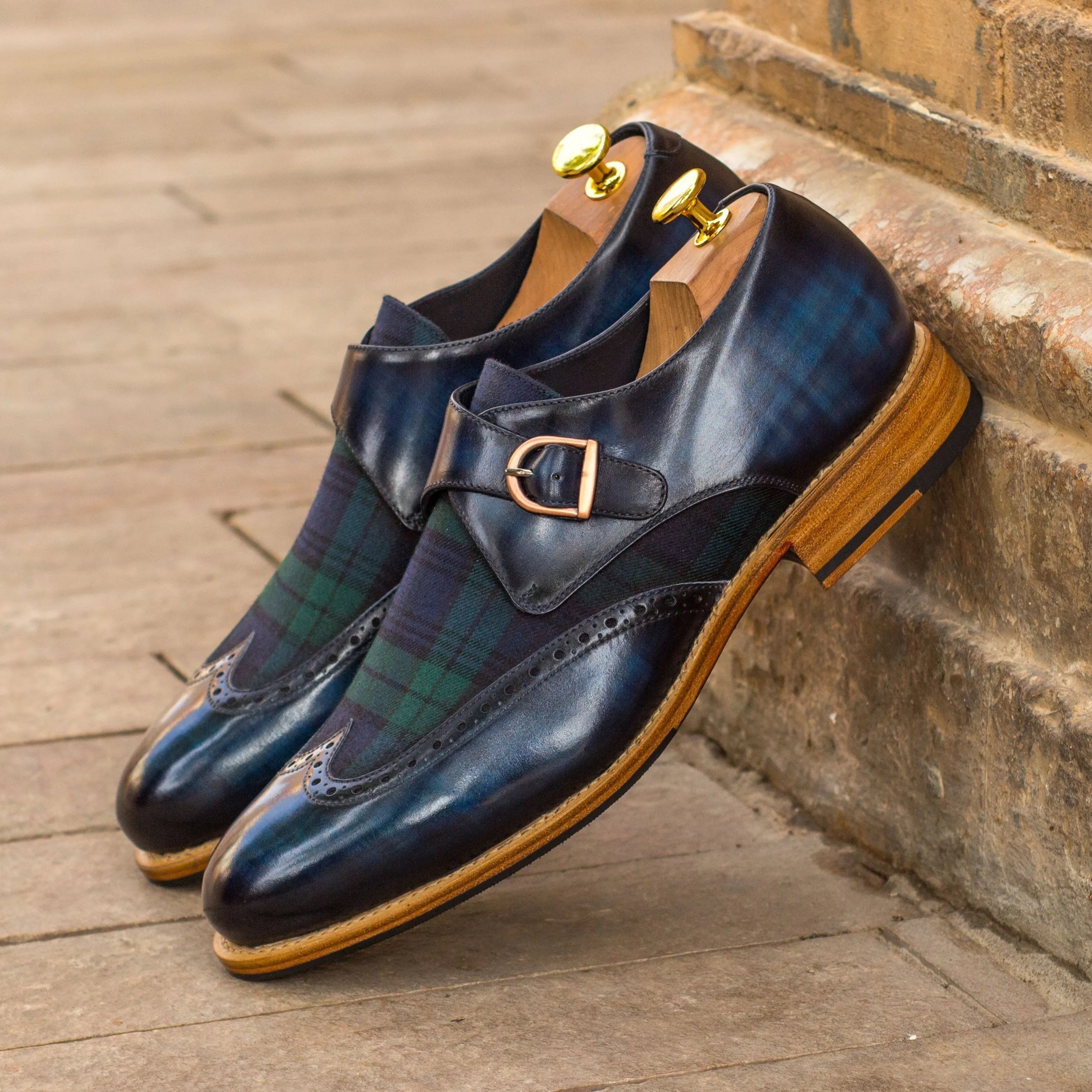 Pair of blue leather and plaid shoes, Khalil Patina Single Monk style