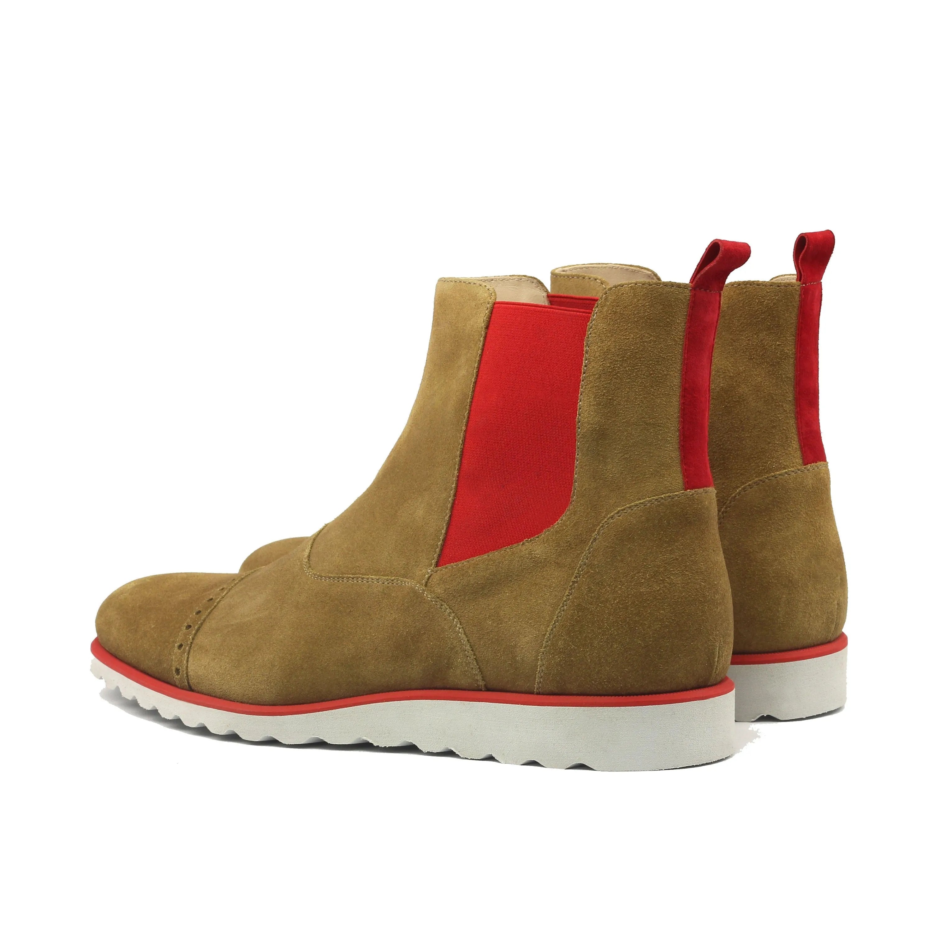 Tan suede Khan Chelsea Boots featuring striking red accents for a stylish look