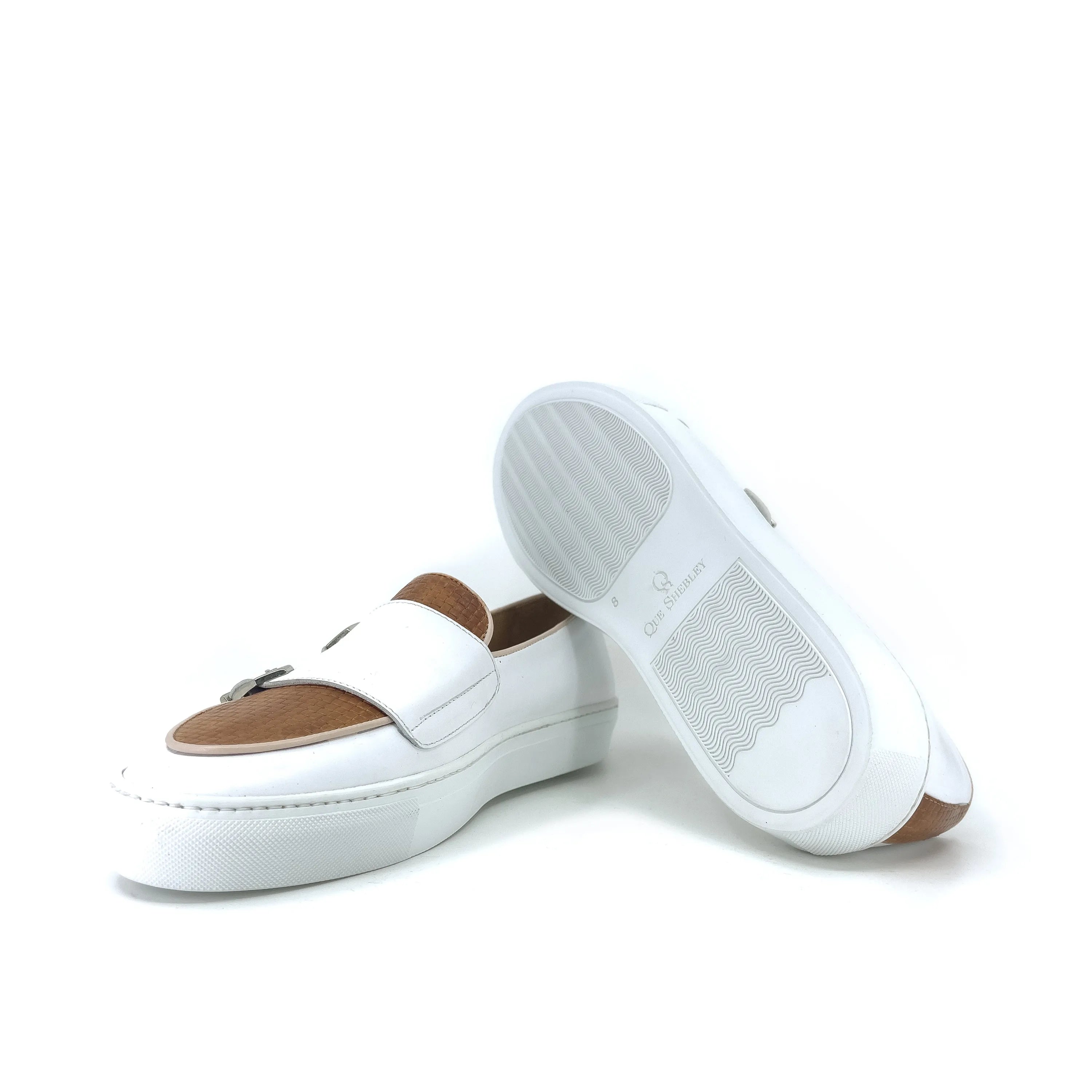 White and brown leather loafers of the Kindi Monk sneaker style