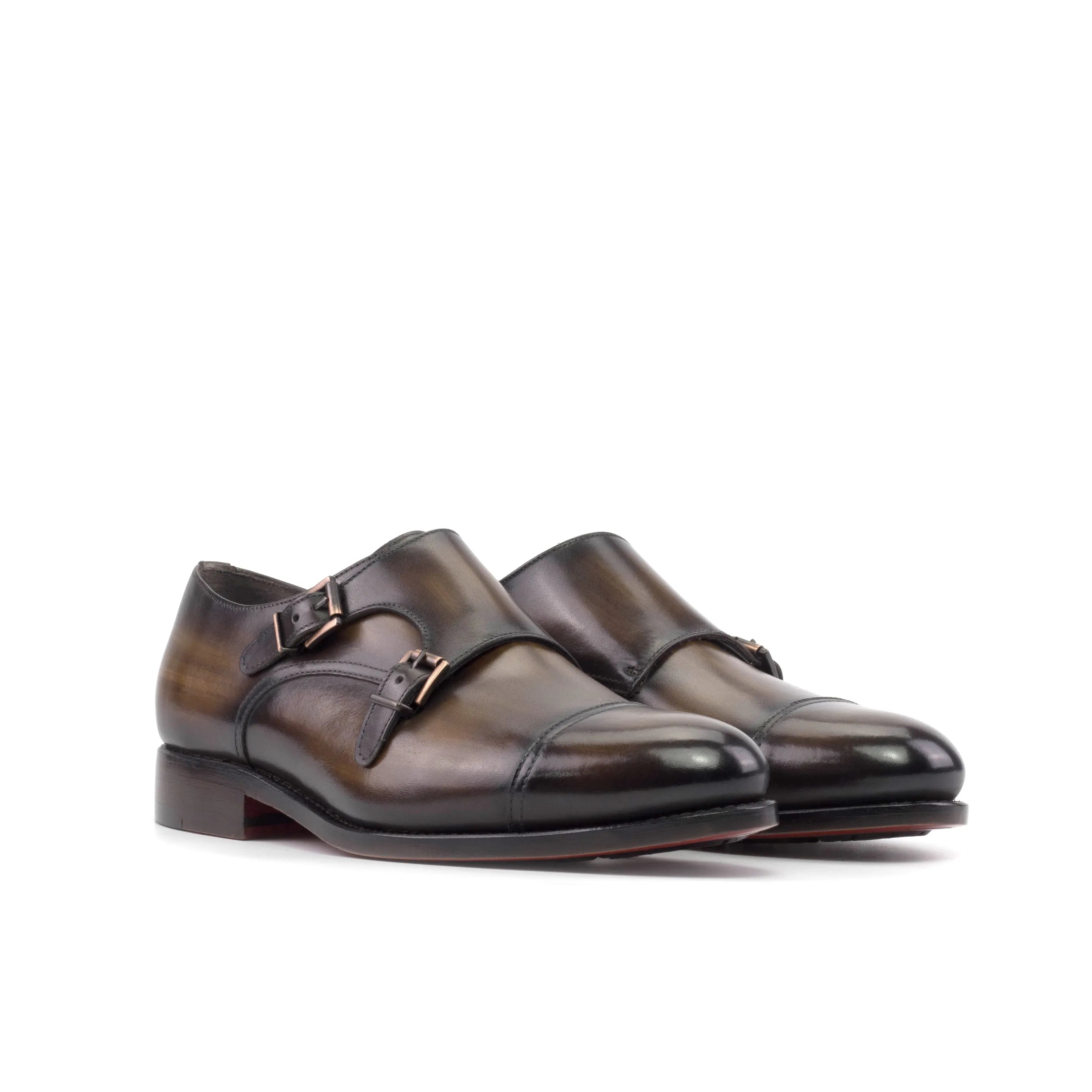 Pair of brown leather monk strap shoes from Kiyanoz Patina Double Monk collection