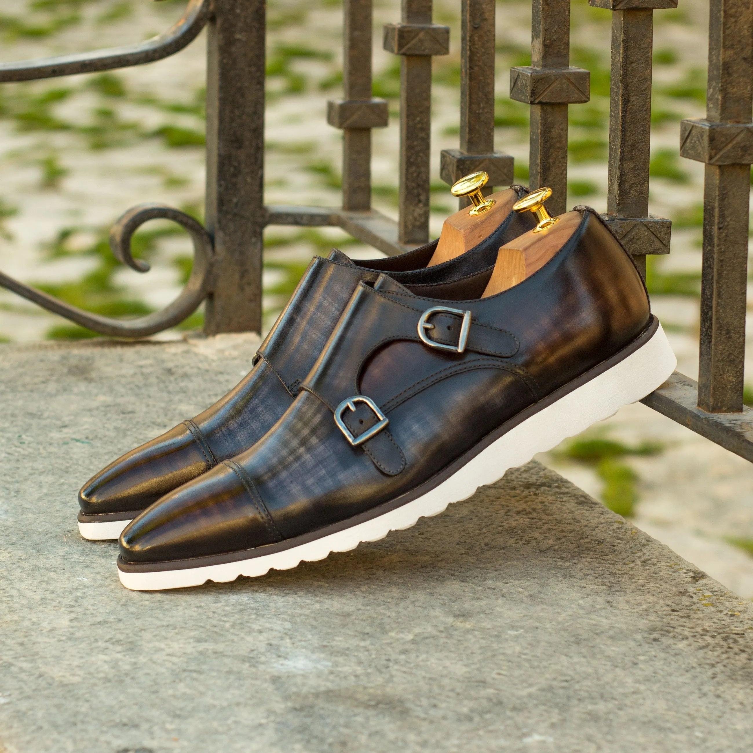 Leather Latric Double Monk Patina shoes featuring a sleek double strap design