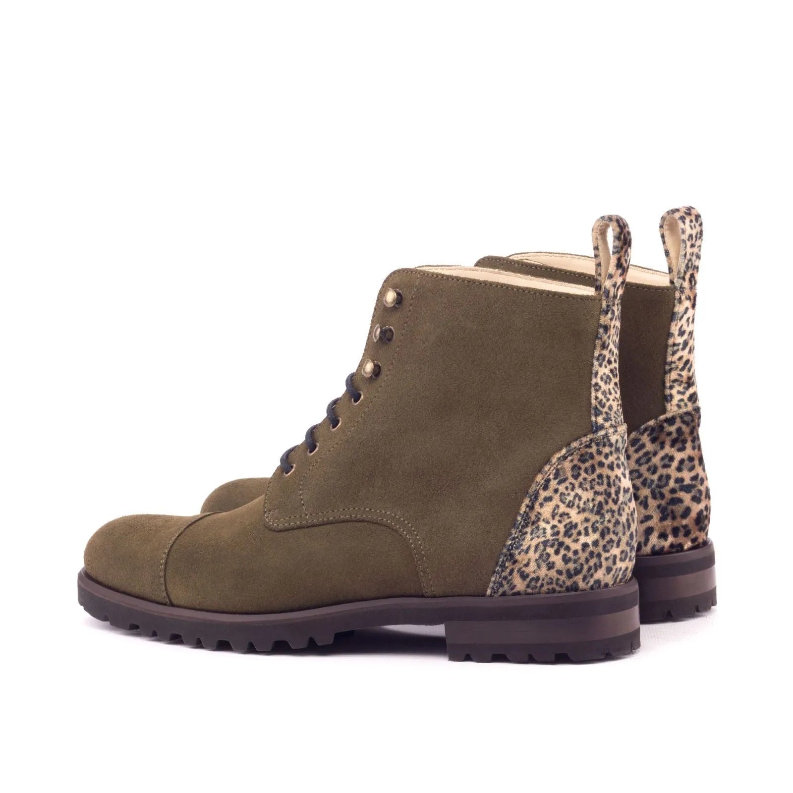 Olive green leather Layal Ladies Captoe boots with leopard print accents