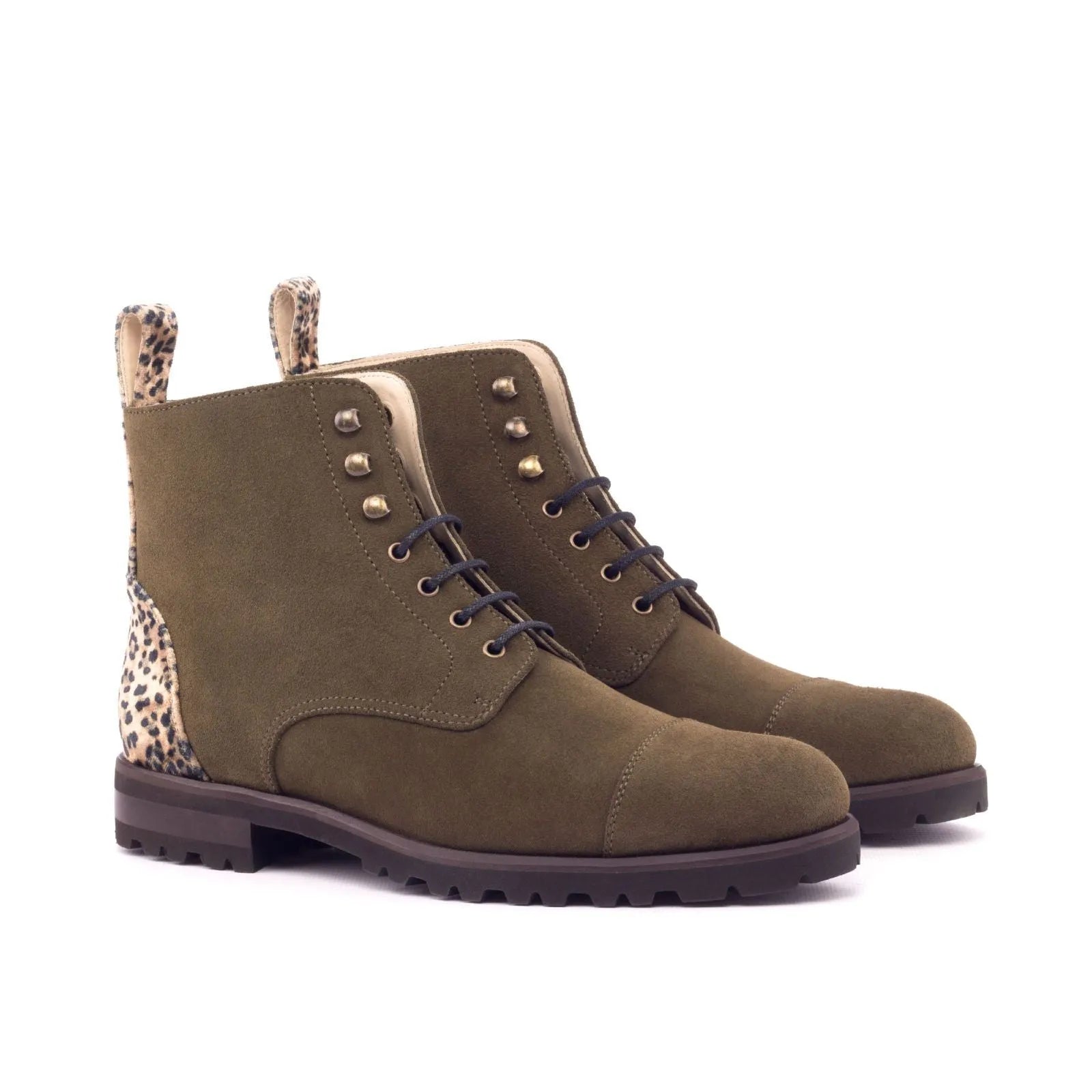 Olive green suede Layal Ladies Captoe boots with leopard print accents