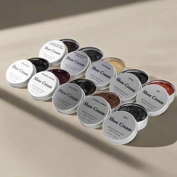 Shoe cream tins in various colors for premium Leather Care Cream and luxe calf leather upkeep