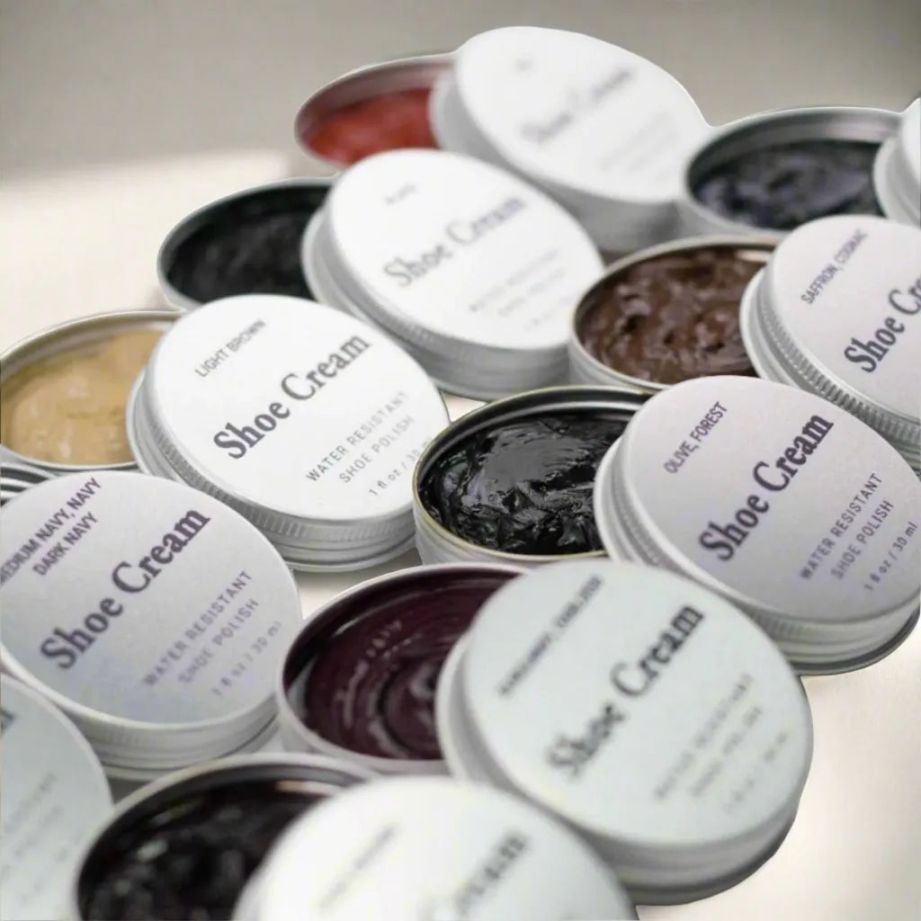 Shoe cream tins in various colors for Luxe Calf Leather using Leather Care Cream