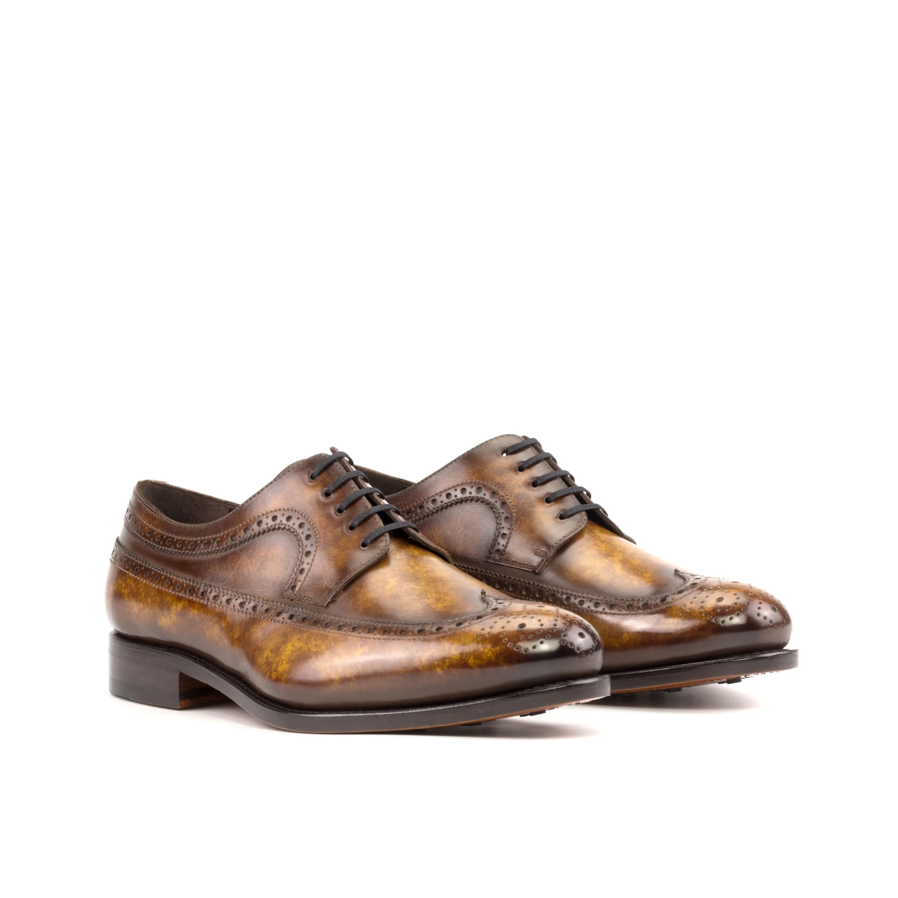 Brown leather wingtip dress shoes in Legend Patina Longwing Blucher style