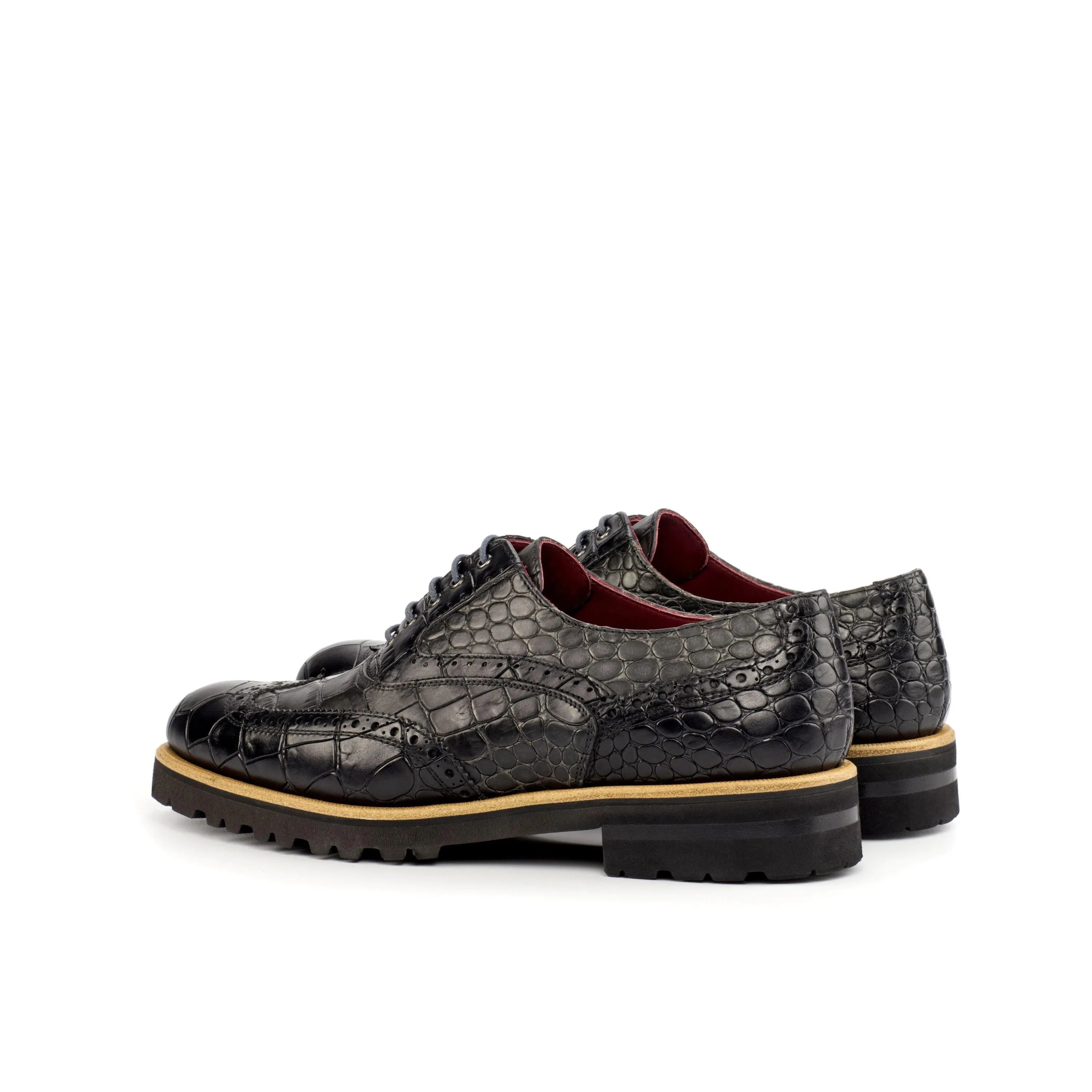 Black crocodile-patterned leather dress shoes, Leima Ladies Full Brogue II, embossed calf leather