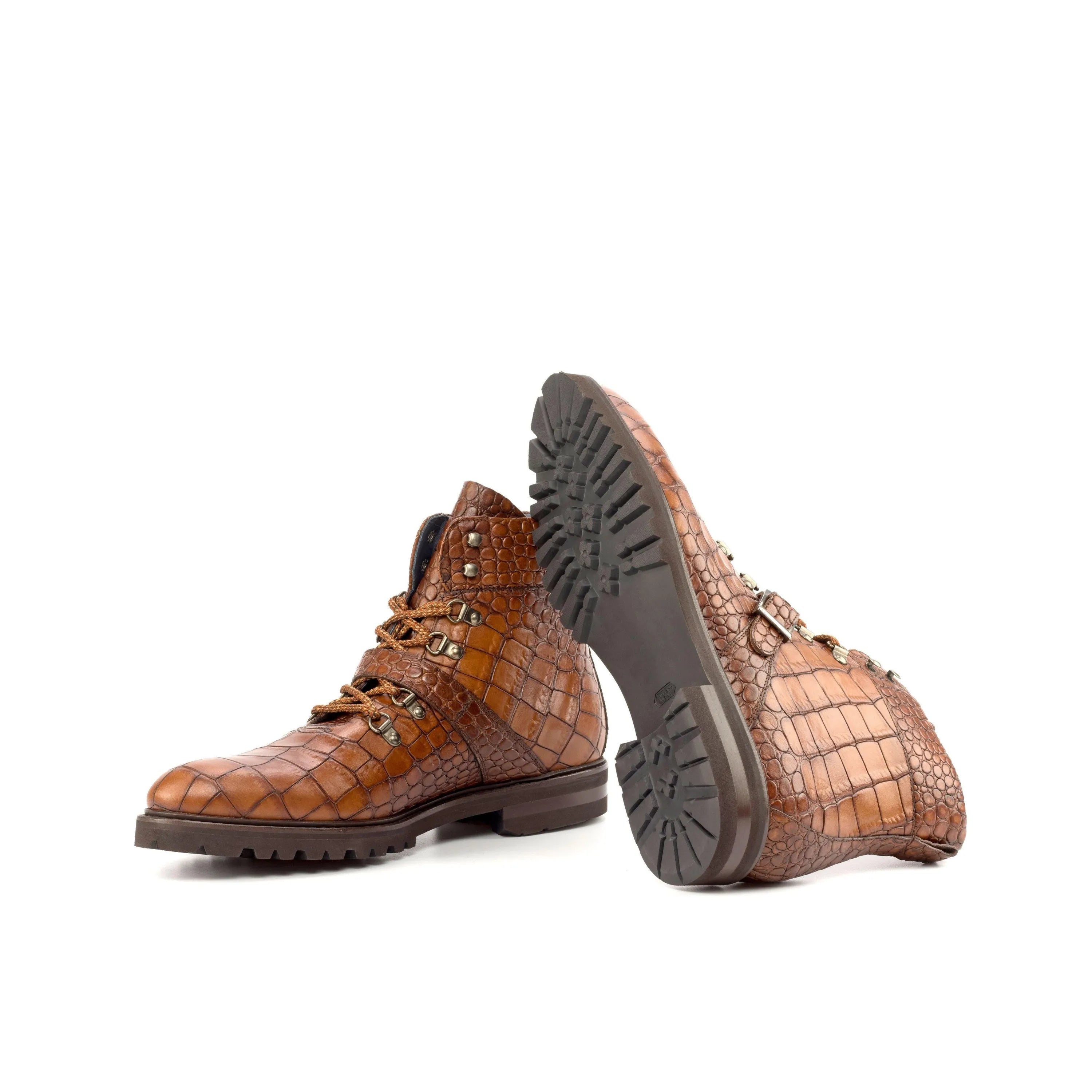 Brown crocodile-patterned leather Leland Hiking Boots ideal for outdoor adventures