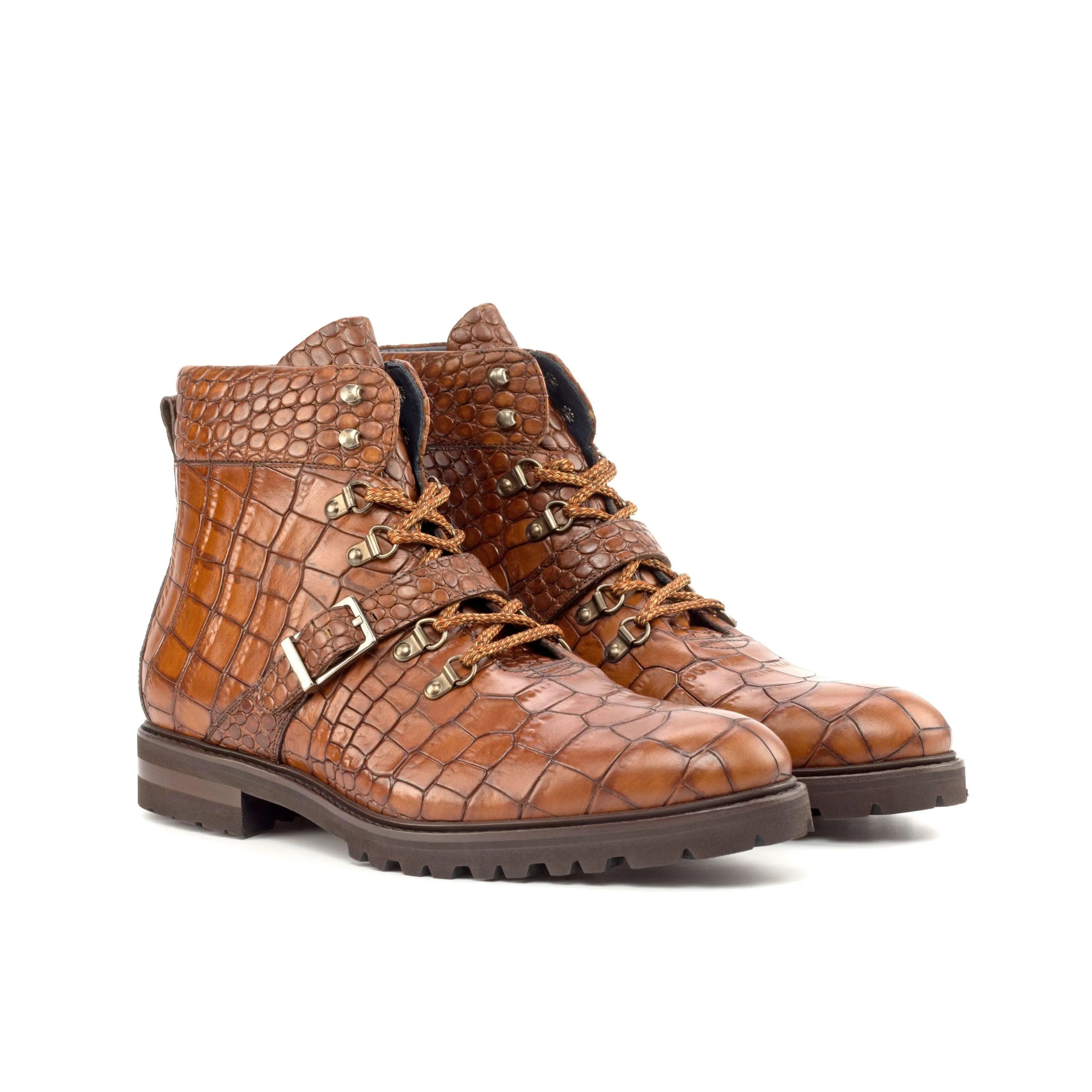 Brown crocodile-patterned leather Leland Hiking Boots for stylish outdoor adventures