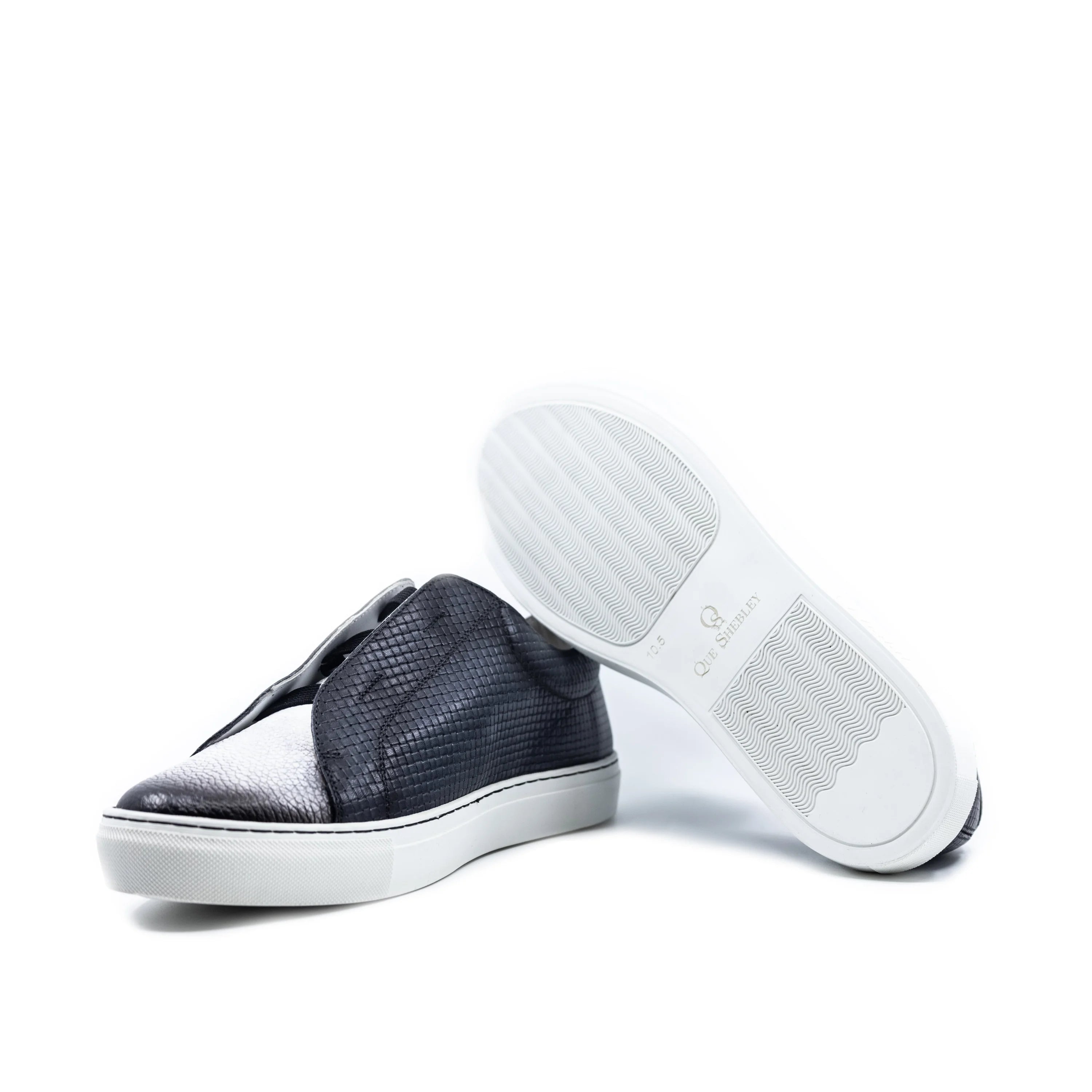 Black and silver Italian leather laceless sneaker with white sole