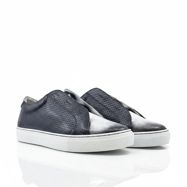 Navy blue Italian leather laceless sneaker with snake skin, white soles, bow