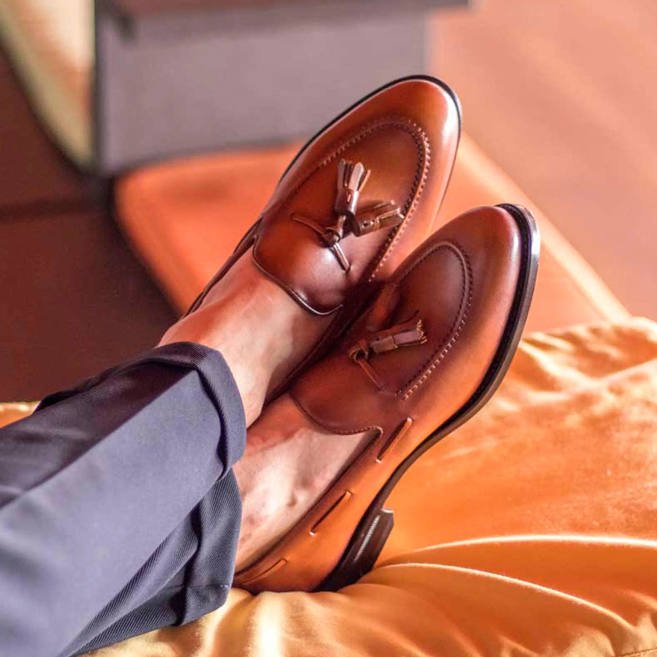 Brown leather tassel loafers from Leon Loafers, perfect for the fast lane on business days