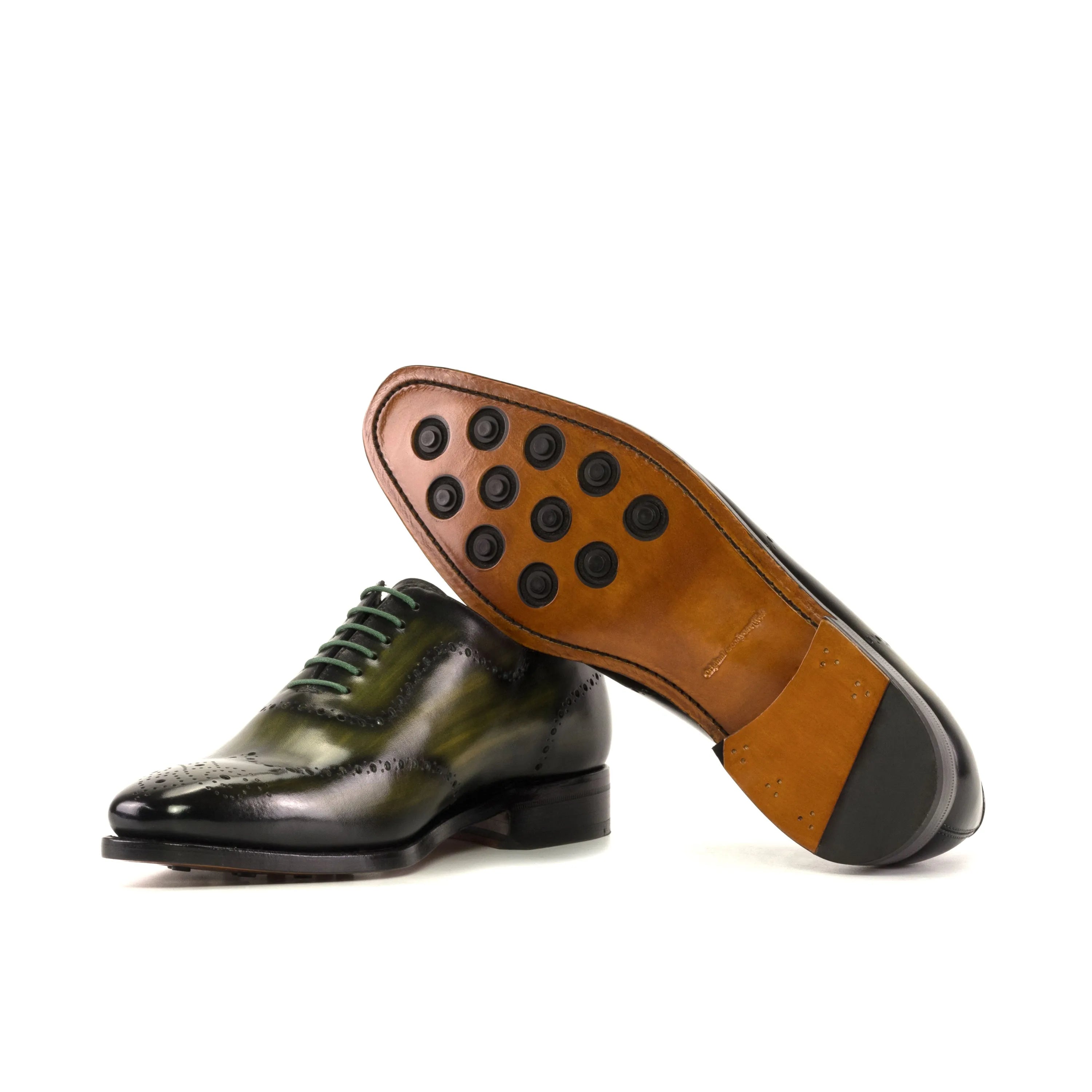 Green leather Lequa Wholecut Patina shoes with rubber-studded soles for enhanced grip