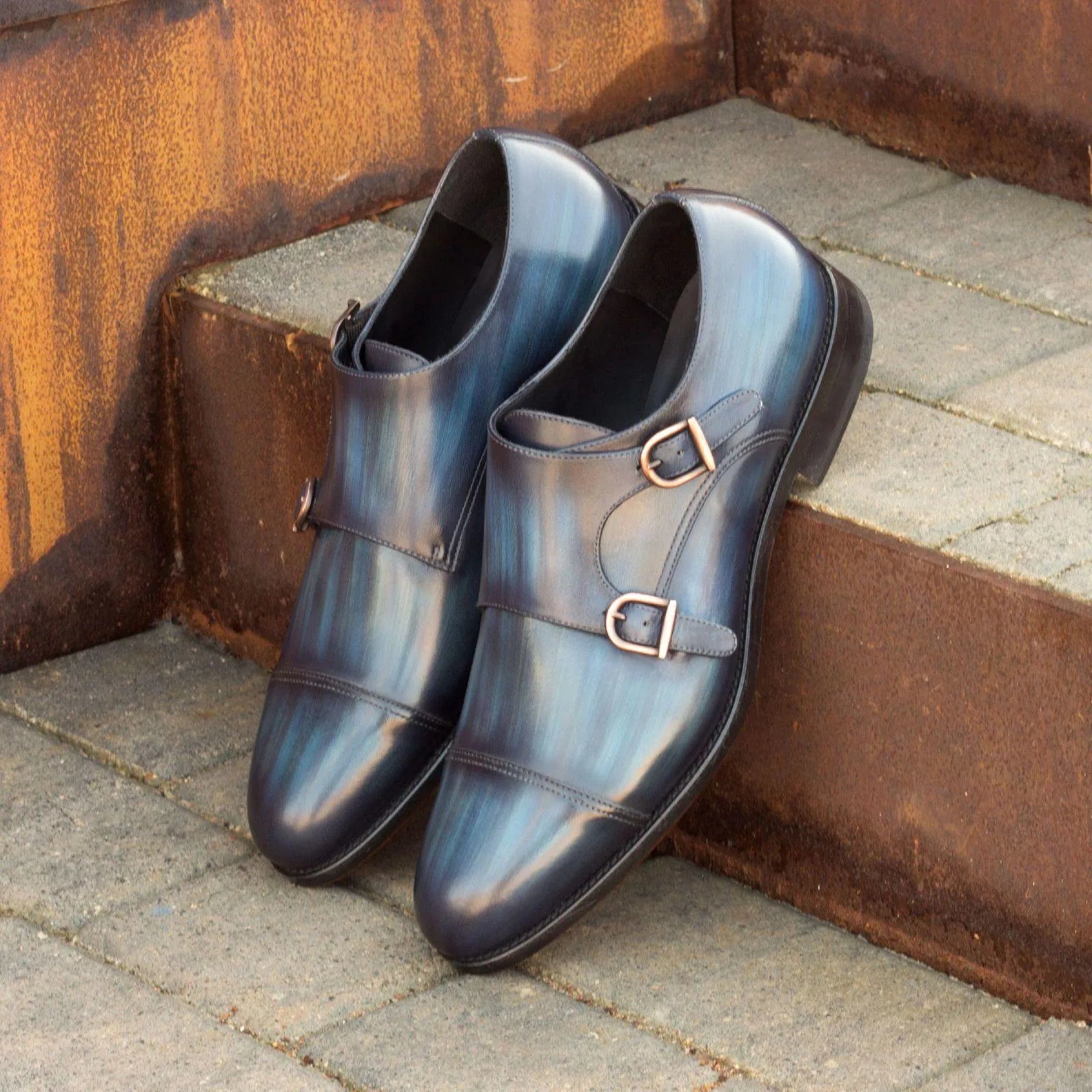 Blue leather LH Double Monk strap shoes showcasing elegant double monk patina design