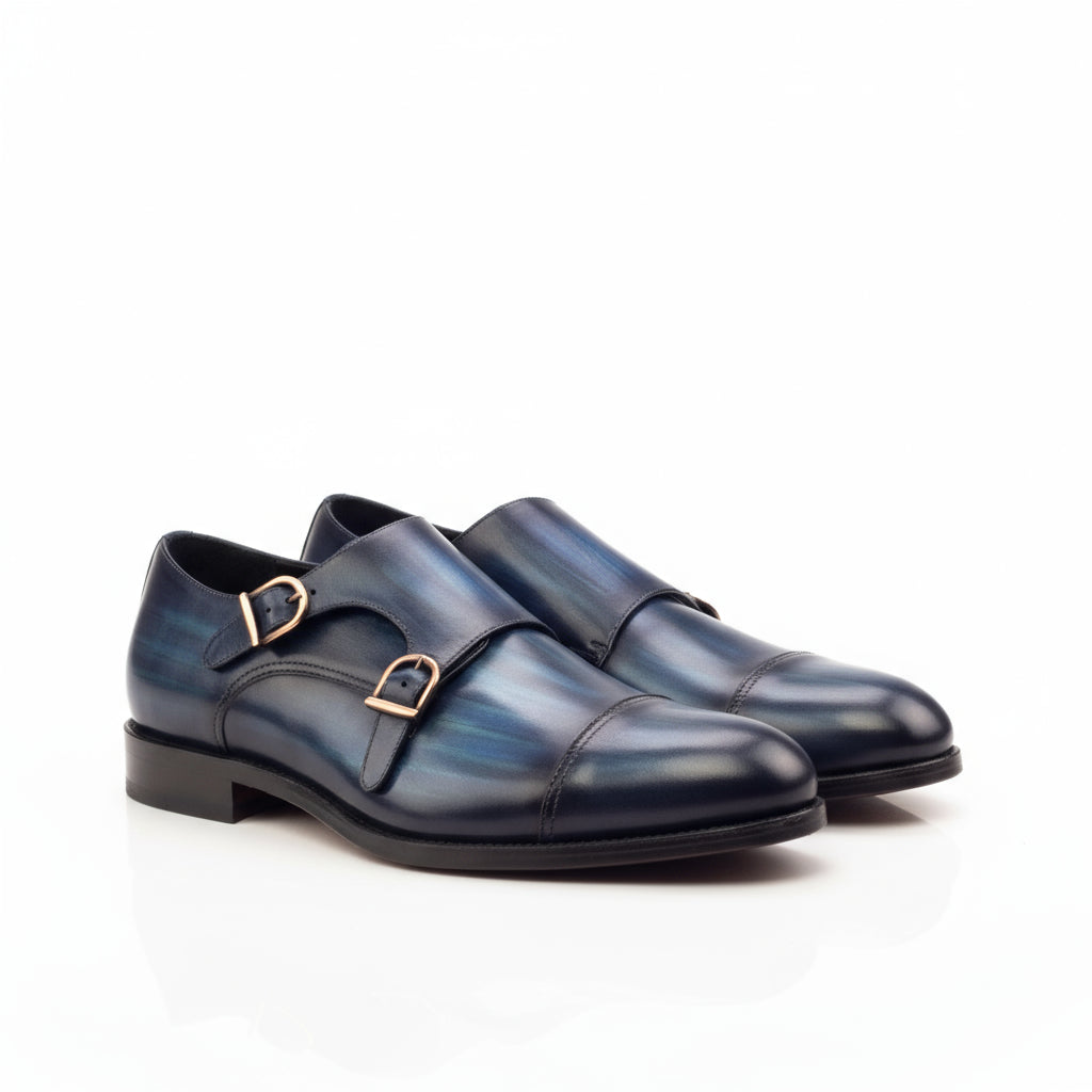 Blue leather LH Double Monk shoes featuring a stylish double monk patina design
