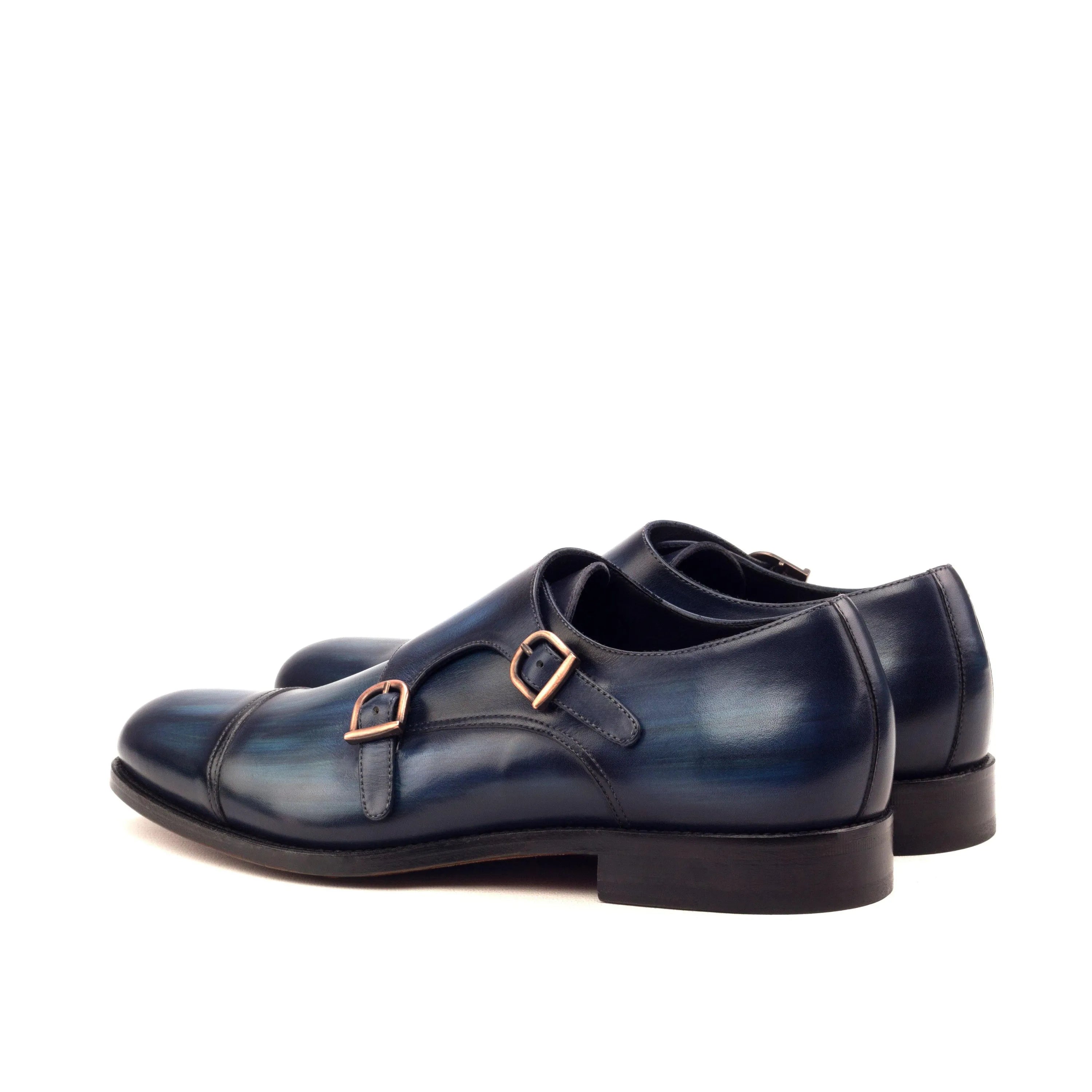 Blue leather LH Double Monk shoes showcasing elegant double monk patina design