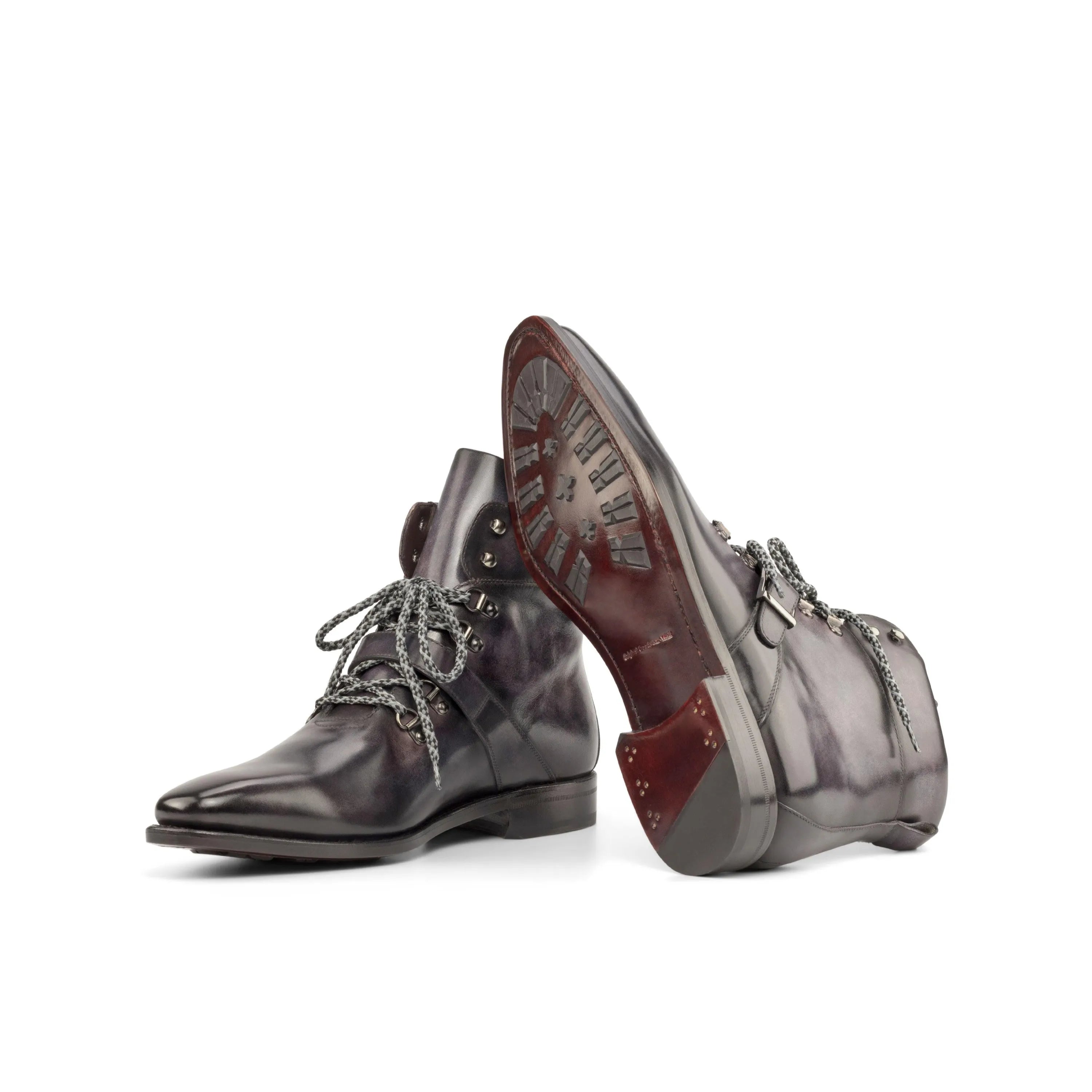 Gray leather lace-up Lhotse Patina Hiking Boots with a stylish, rugged design