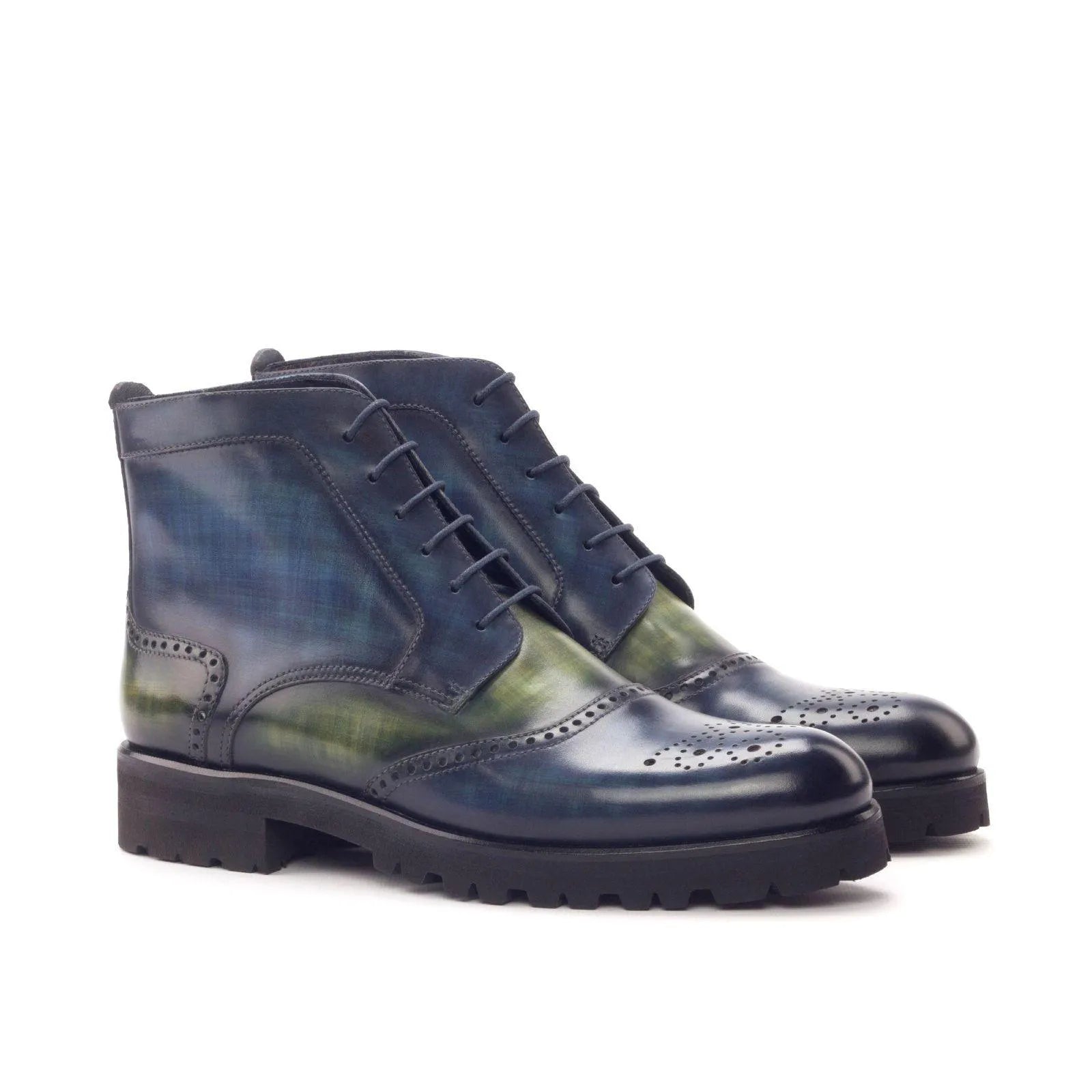 Blue and green leather wingtip boots from Lidia, perfect women’s military boots