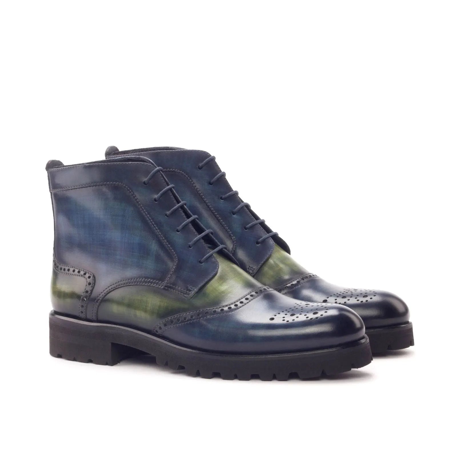 Blue and green leather wingtip boots from Lidia Women’s Military collection