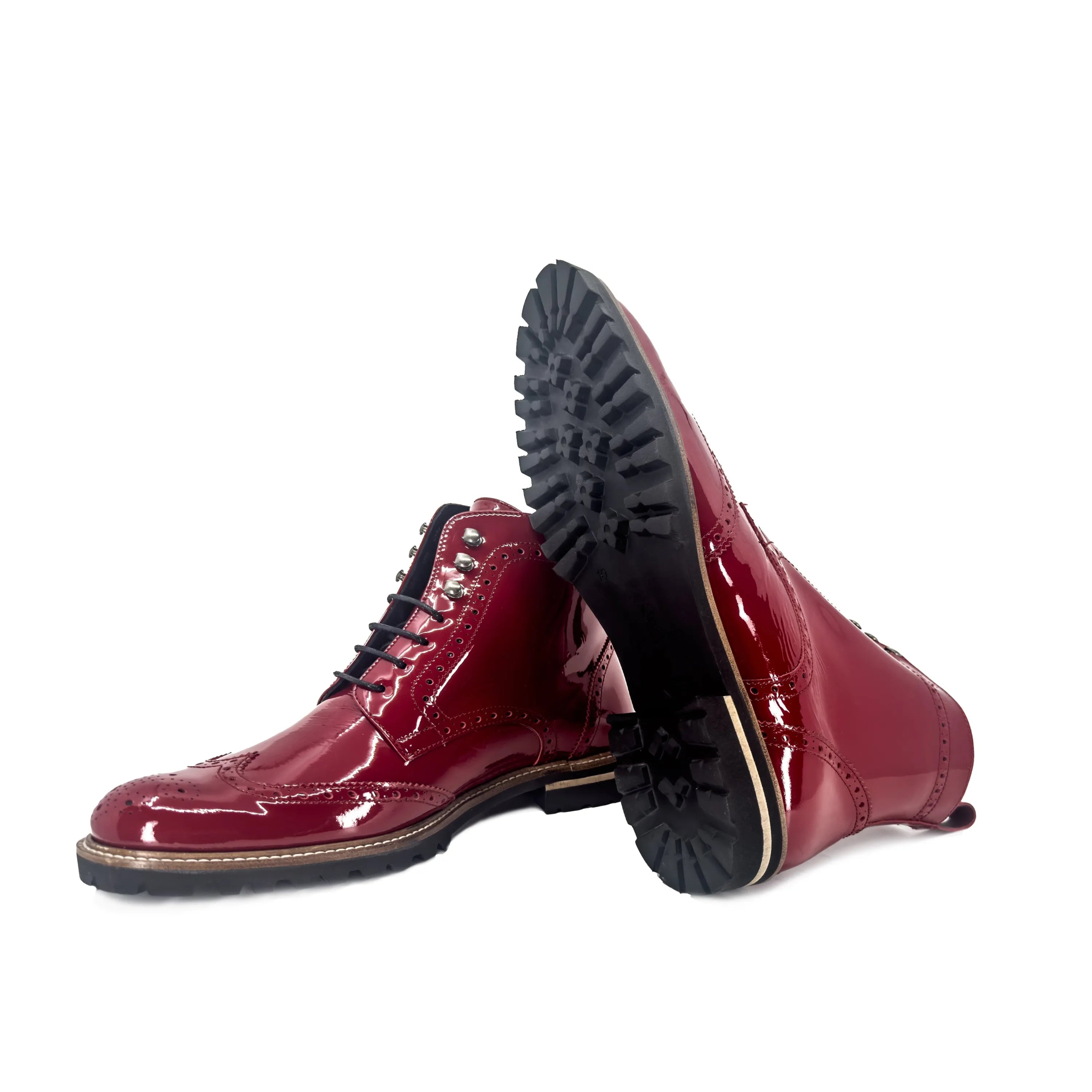 Shiny burgundy leather Lila Unisex Military Brogue Boots II for stylish footwear