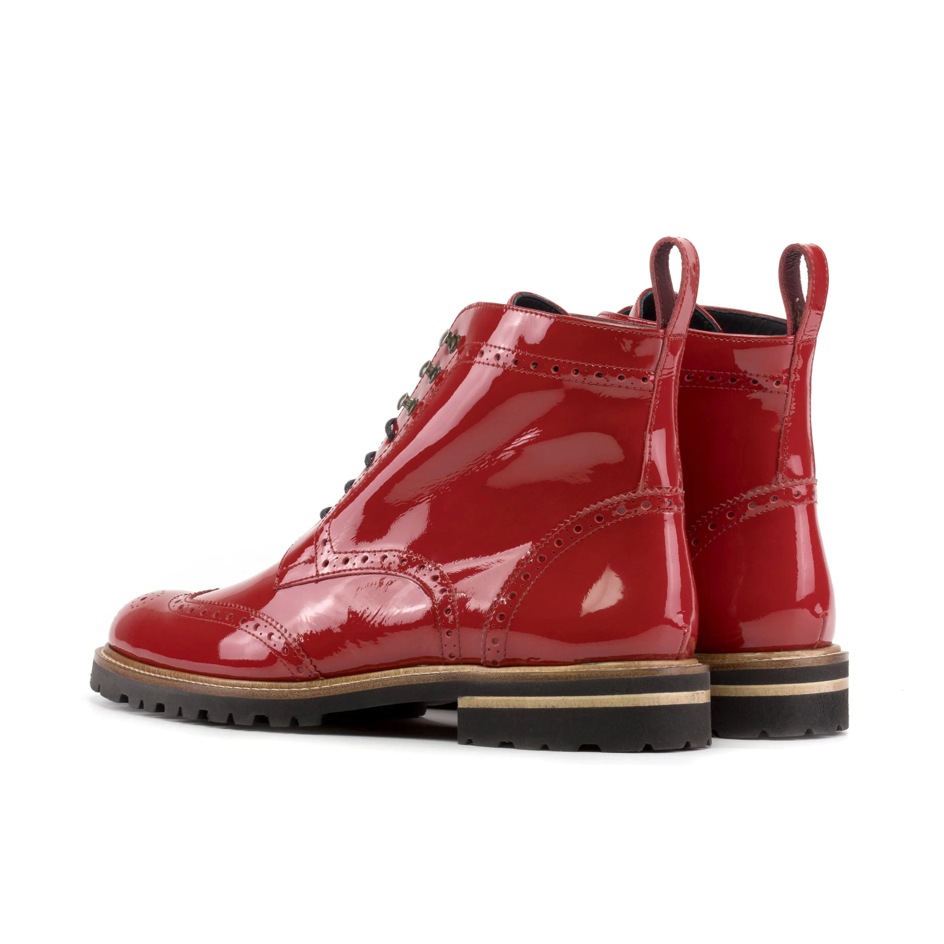 Red patent leather ankle boots from Lila Unisex Military Brogue Boots II collection