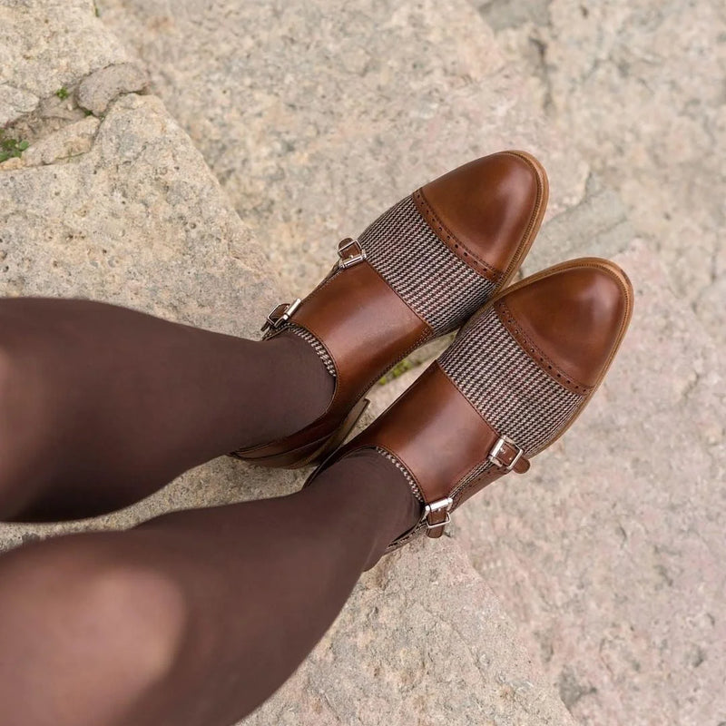 Lolas Women Double Monk Shoes in brown leather with woven ankle strap and gold buckle