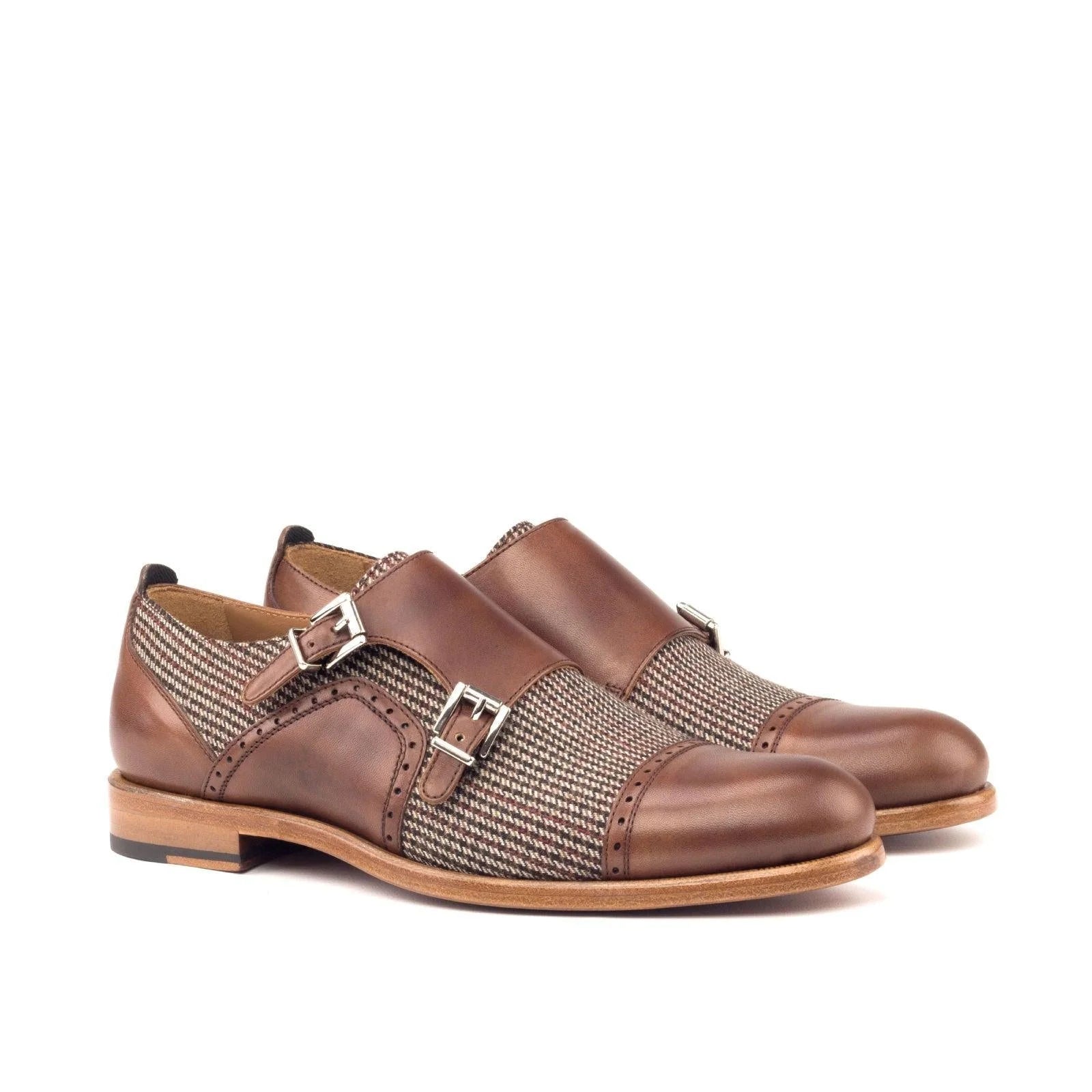 Lolas Women Double Monk Shoes in brown leather with tweed accents and silver buckles, featuring two straps