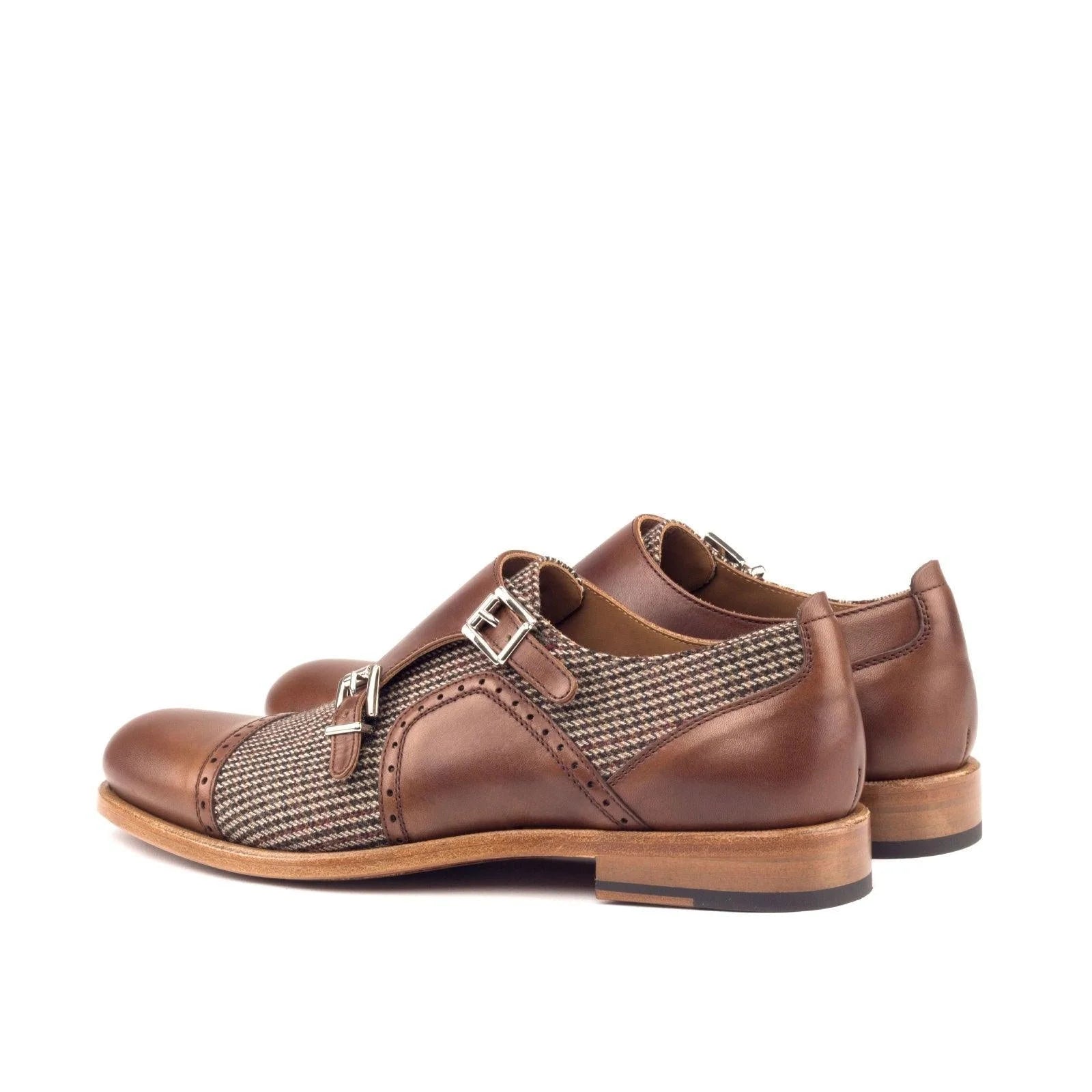 Lolas Women Double Monk Shoes II: brown leather with tweed accents