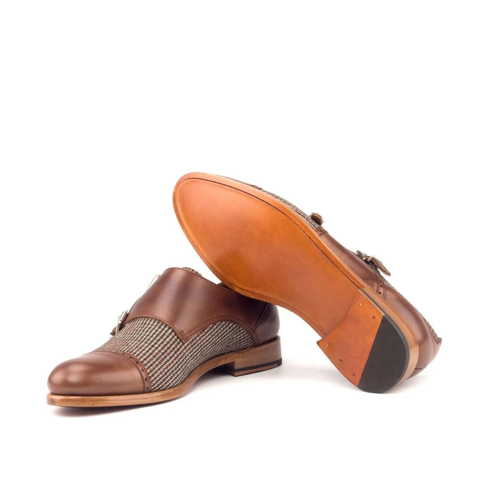 Lolas Women Double Monk Shoes II: brown leather with woven toe cap
