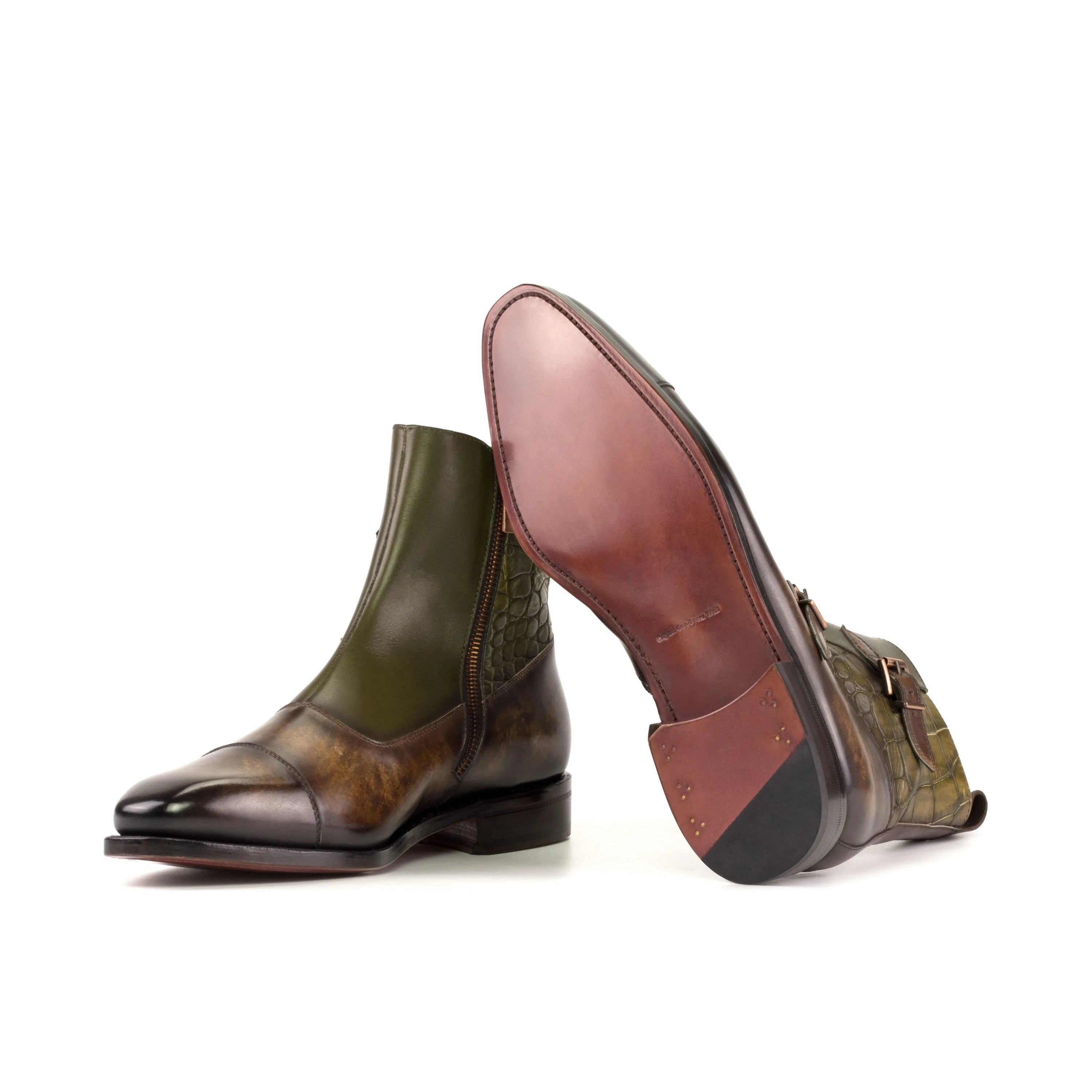 Olive painted and brown leather Lordius Octavian Patina Boots showcased elegantly