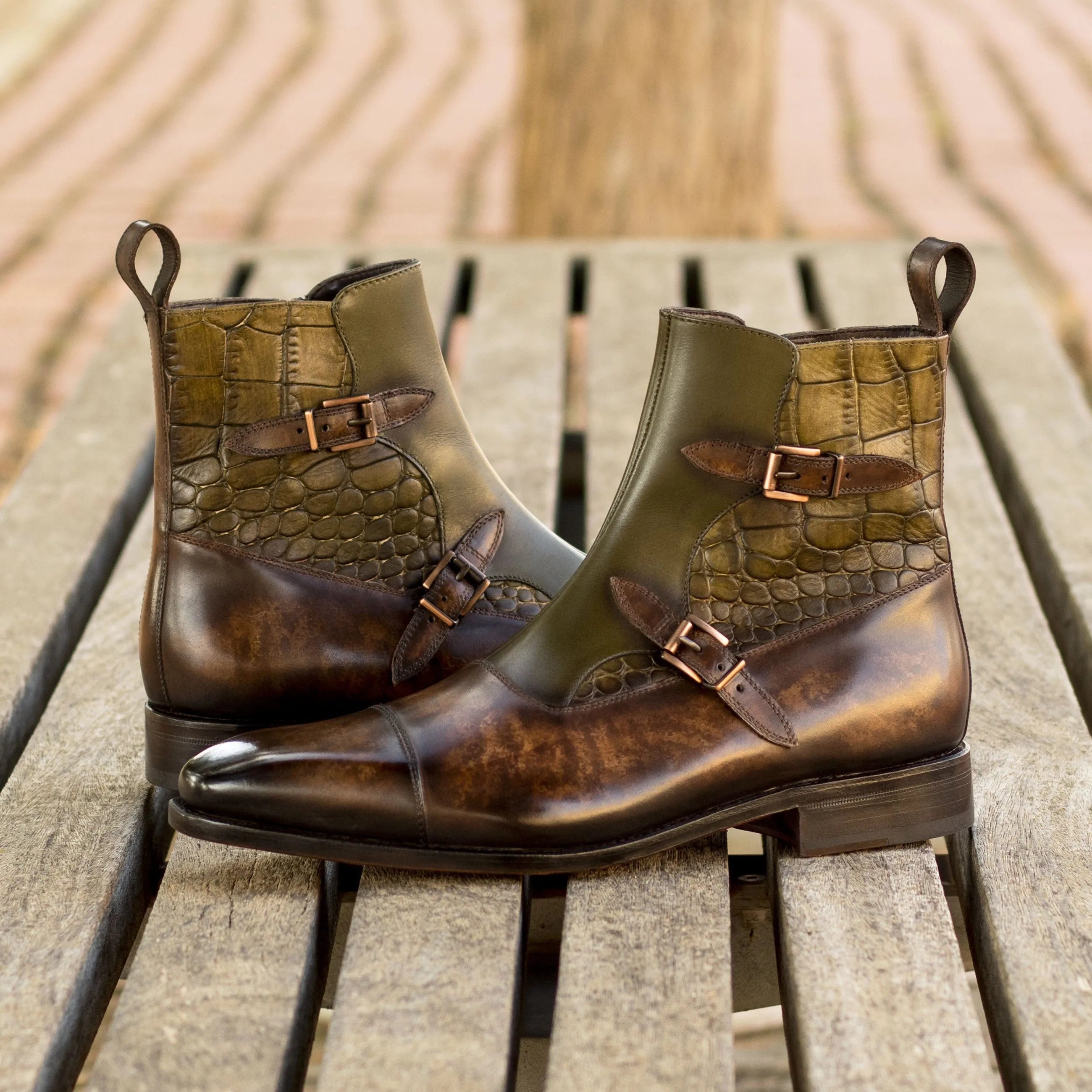 Olive painted and brown leather Lordius Octavian Patina Boots with monk strap design