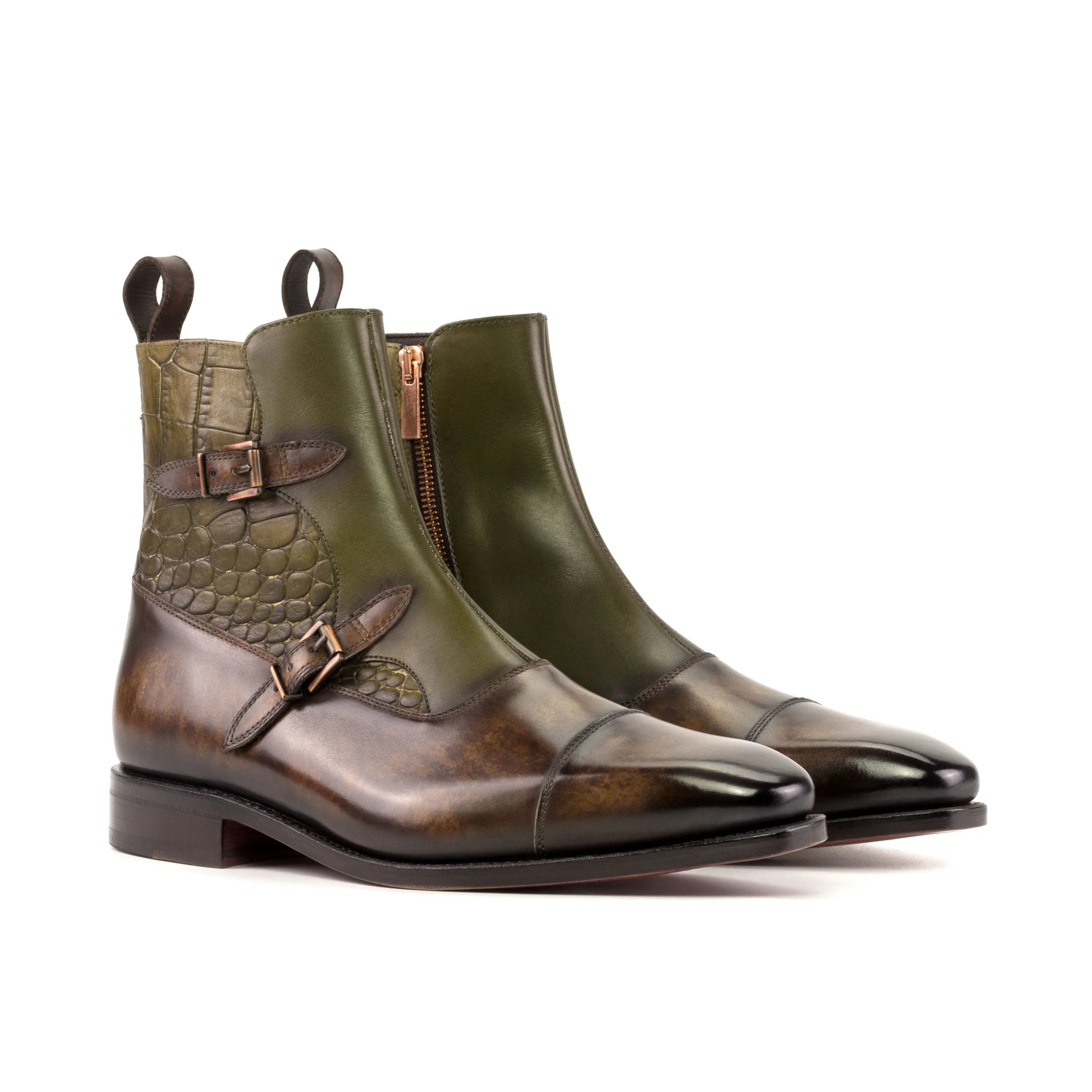 Olive green leather monk strap boots from Lordius Octavian Patina collection
