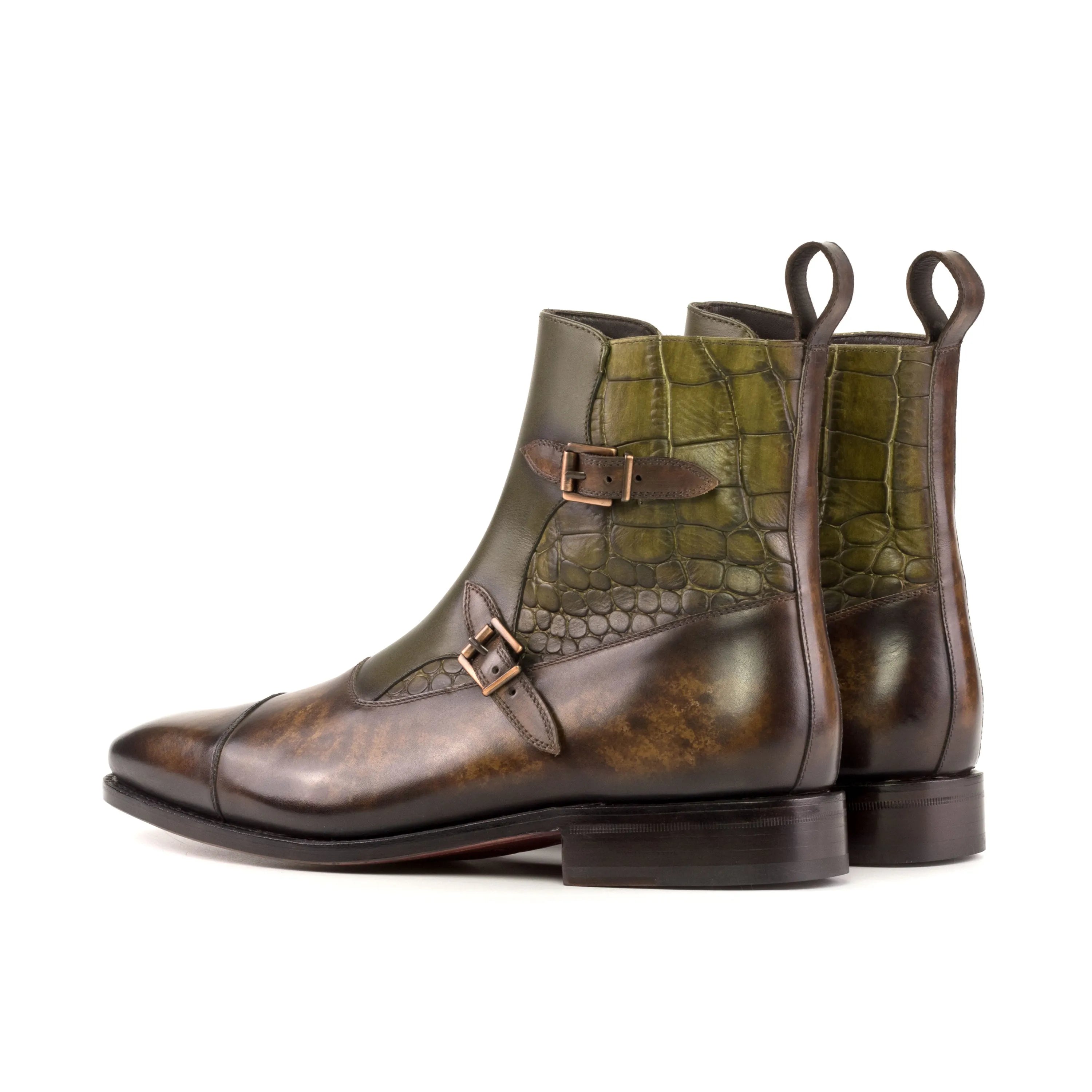Olive green leather monk strap boots from Lordius Octavian Patina collection