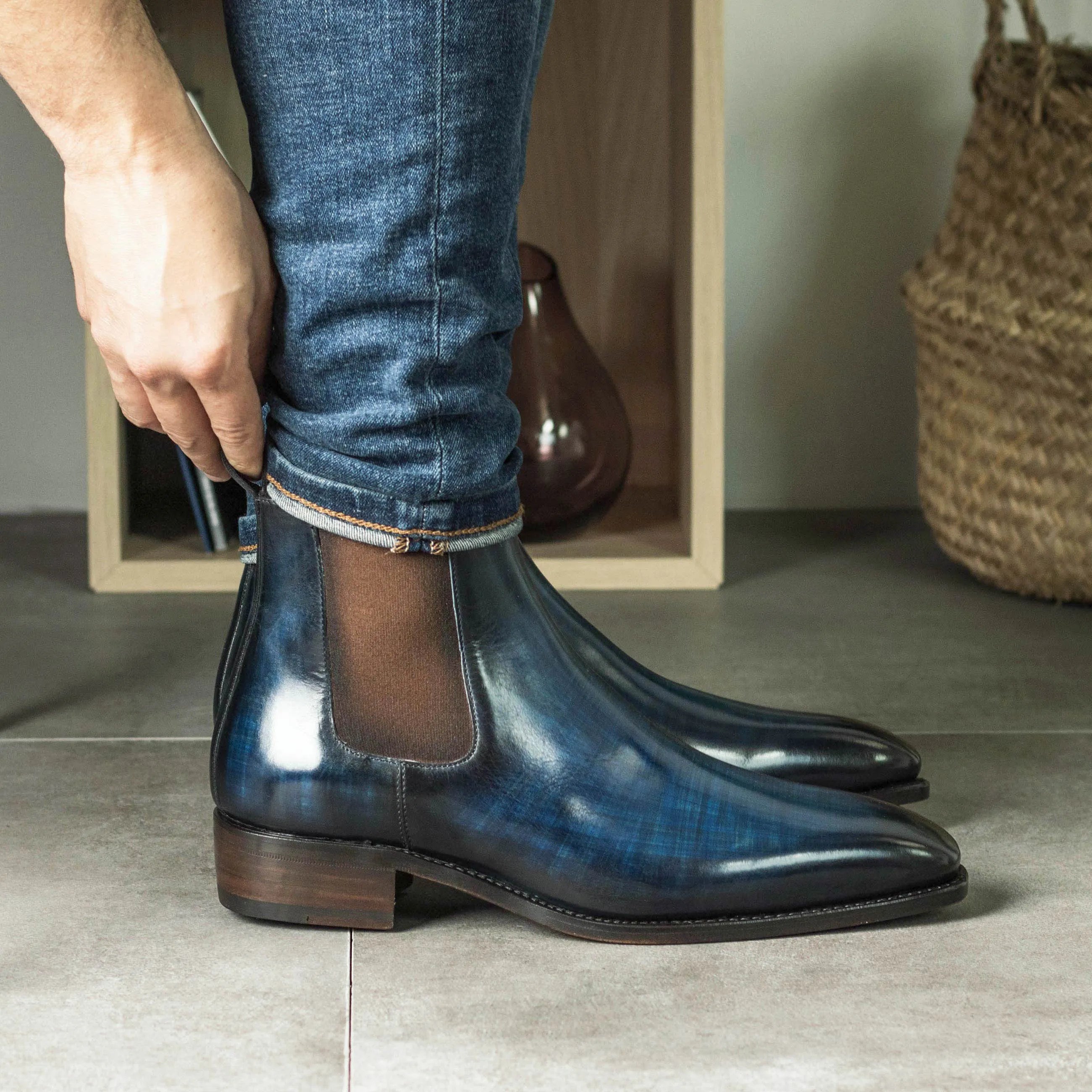 Blue leather Lordpaul Patina Chelsea boots showcasing elegant craftsmanship and style