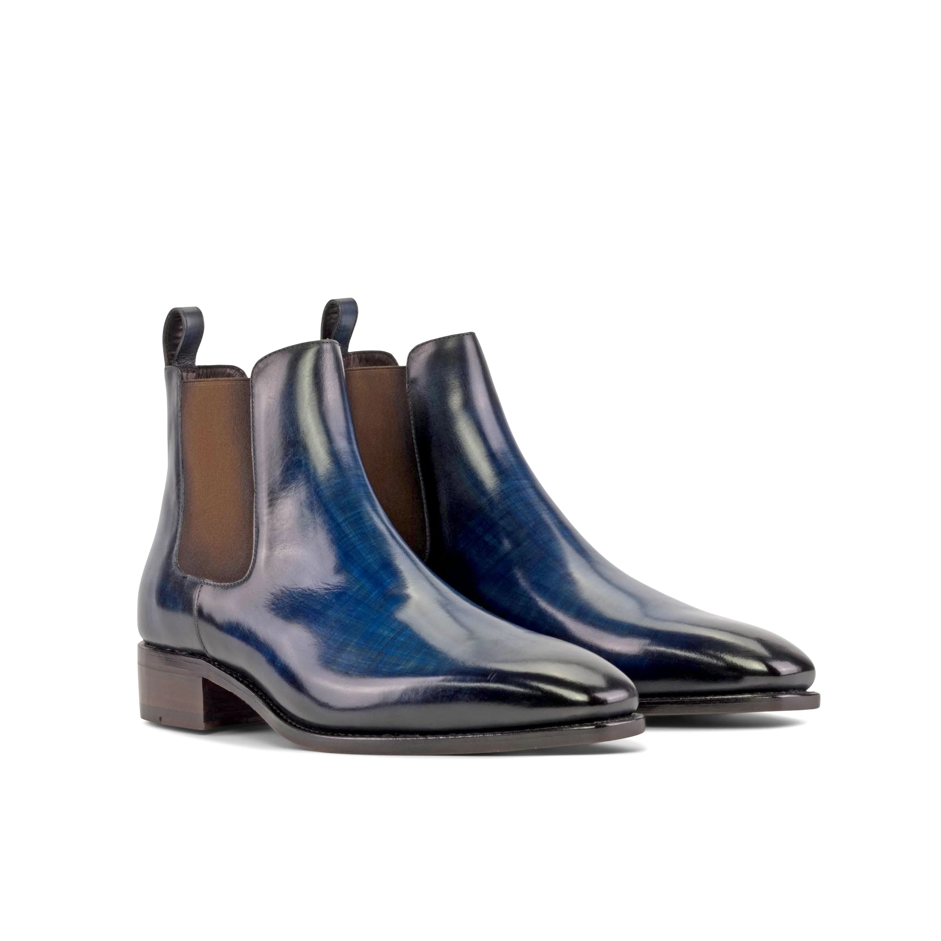 Pair of blue leather Lordpaul Patina Chelsea Boots showcasing elegant design and craftsmanship