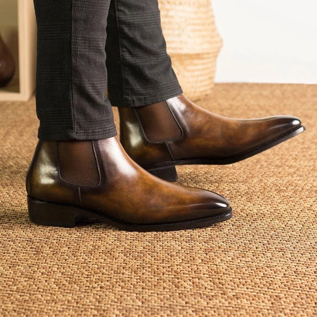 Brown leather Lorenzo Patina Chelsea Boots showcasing elegant design and craftsmanship