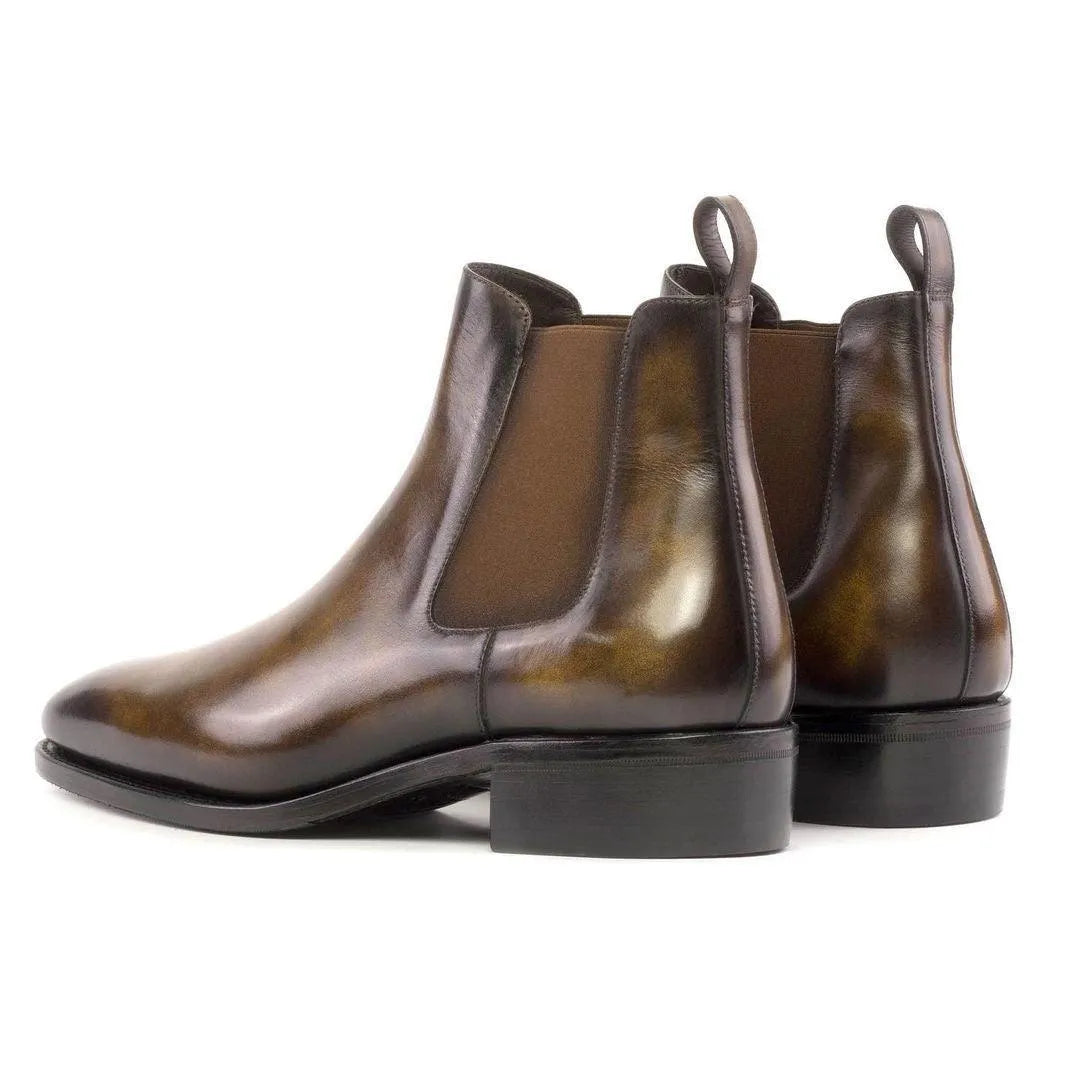 Brown leather Lorenzo Patina Chelsea Boots showcasing elegant design and quality craftsmanship