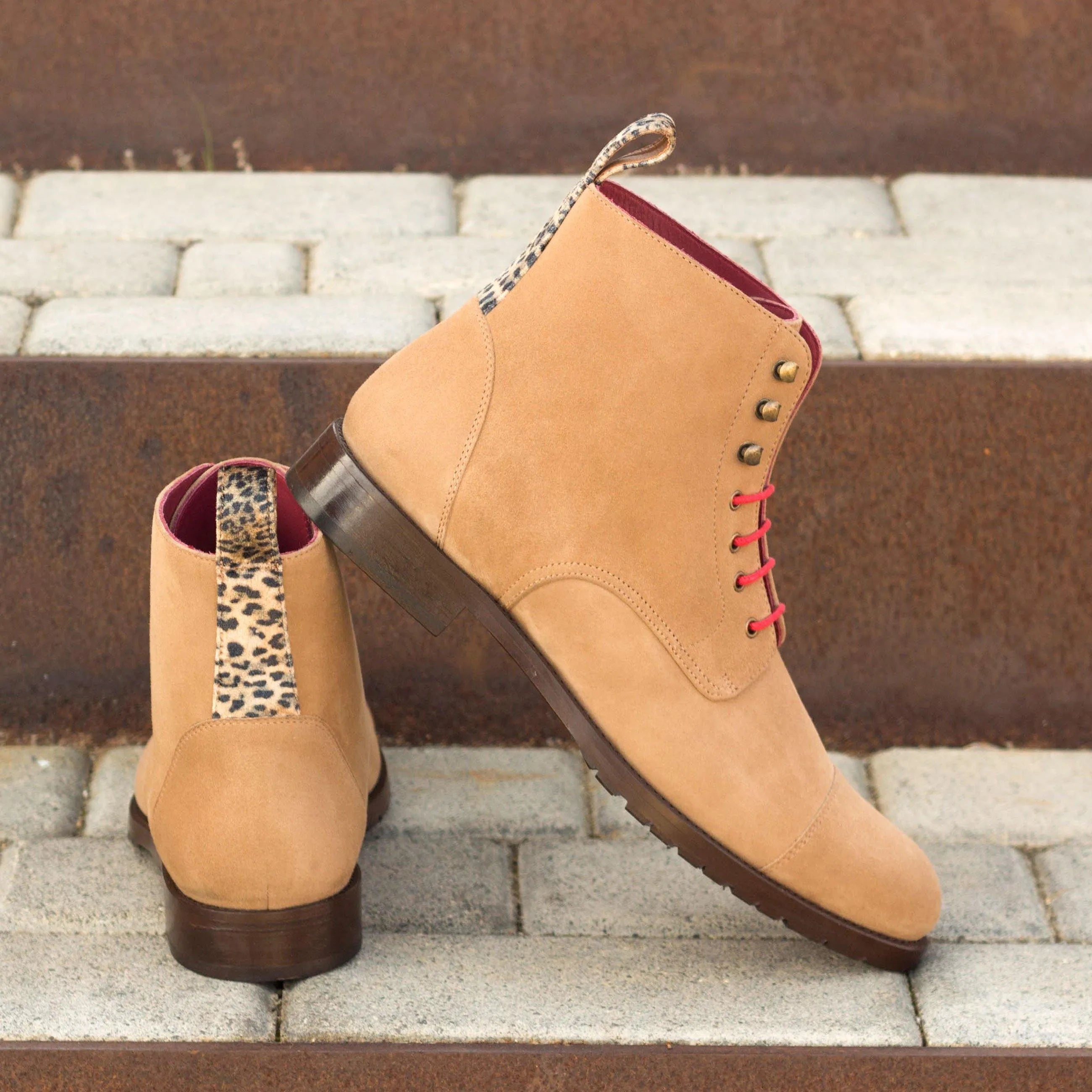 Tan suede Lorrain Ladies Captoe Boots II with leopard print pull tabs, stylish captoe boots