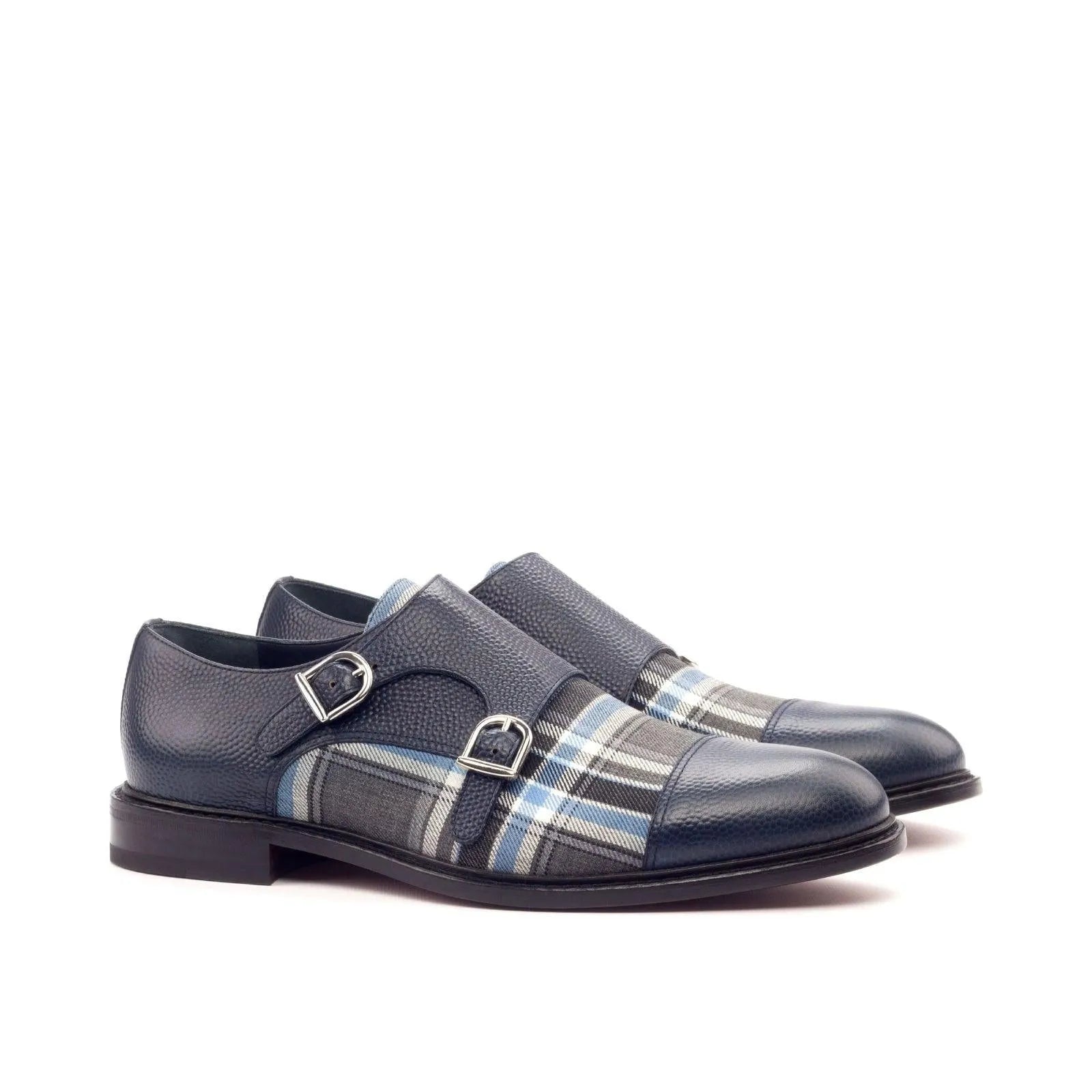 Blue leather and plaid double monk strap shoes from Lorrd Double Monk II collection