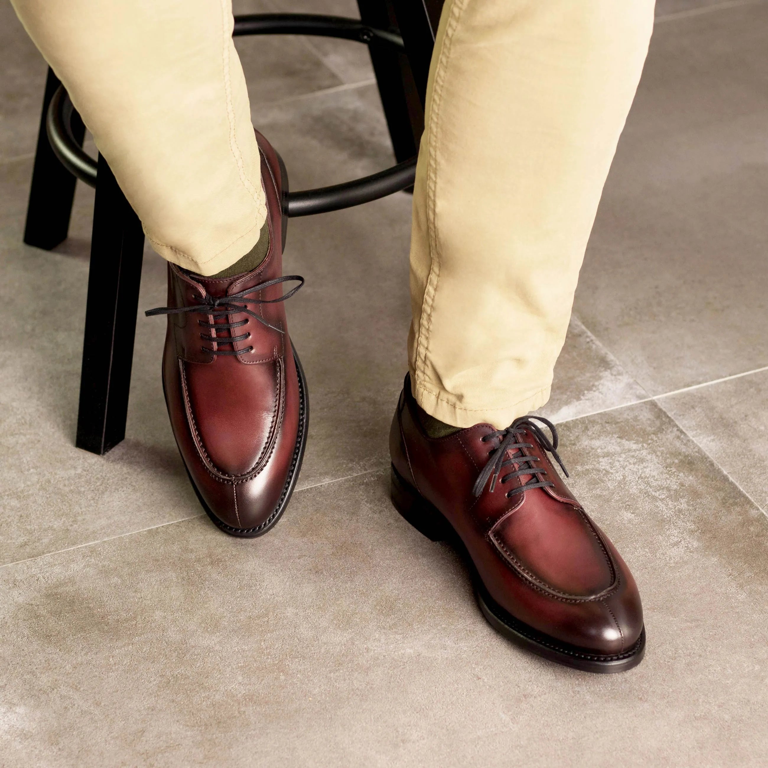 Burgundy leather dress shoes, Luginos Derby Split Toe style, showcasing a refined split toe design