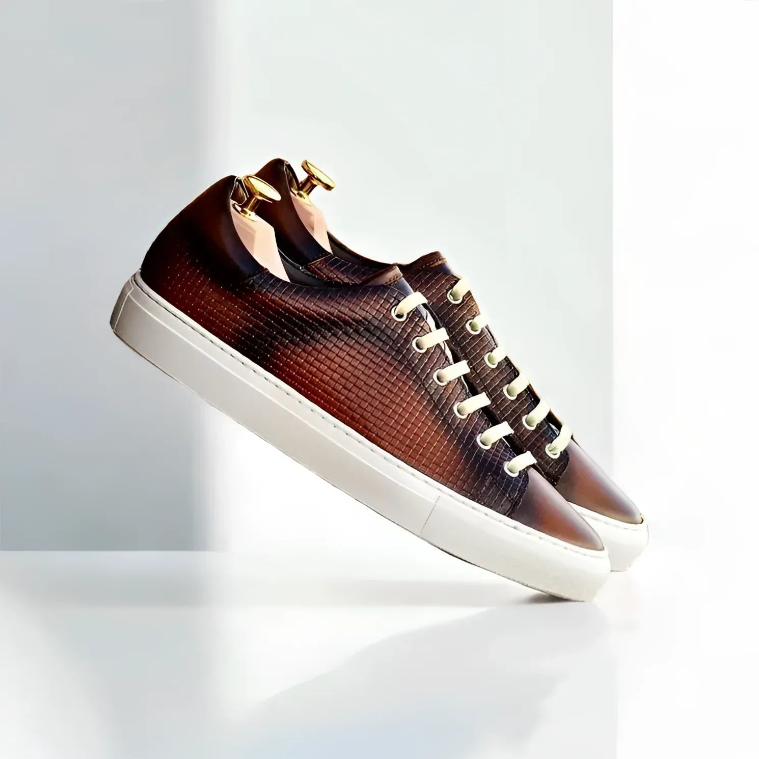 Brown leather Lujiano Trainer Sneaker with white soles and burnished medium brown finish