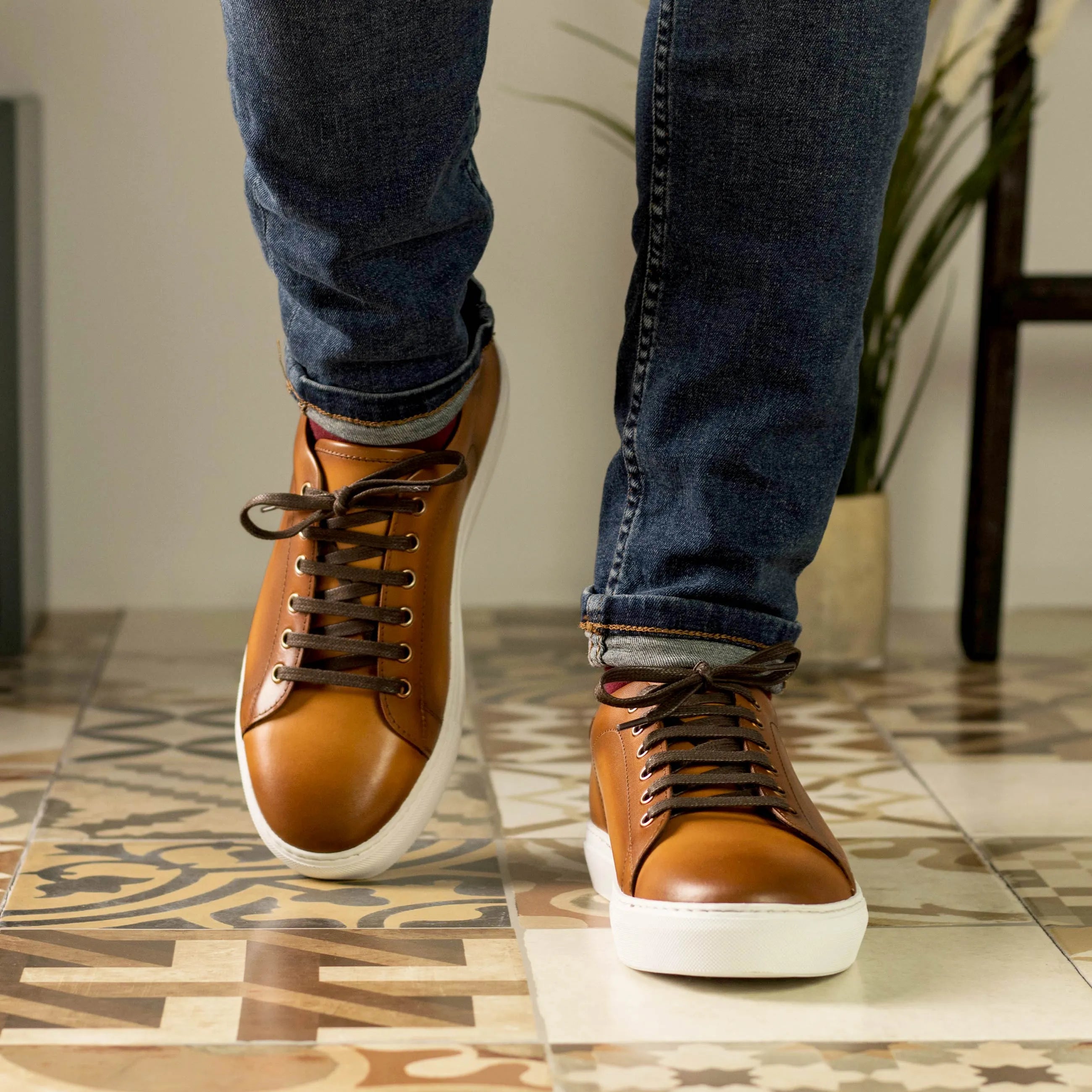 Brown leather Lumin Trainer Sneakers with white soles, perfect for the fast lane lifestyle