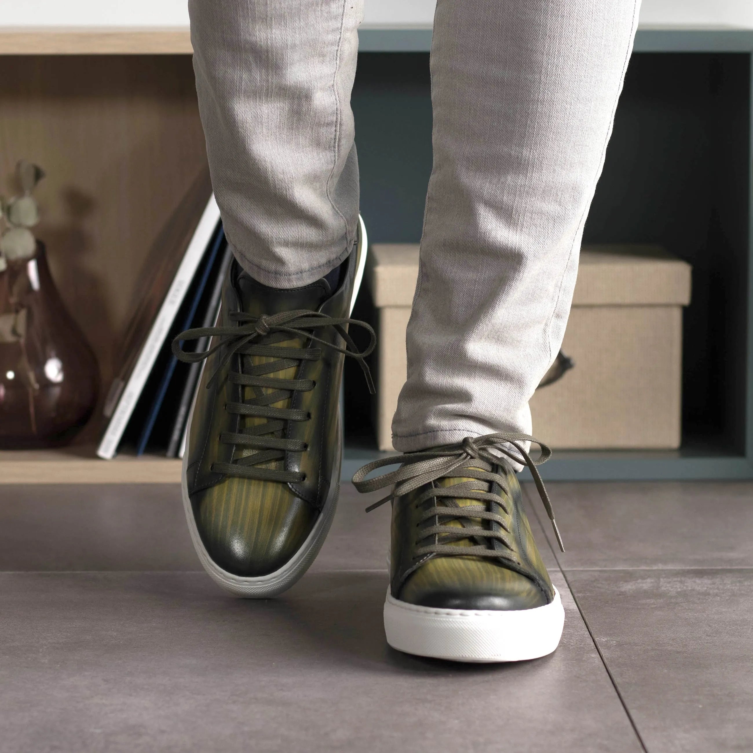 Olive green leather Lunar Trainer Patina sneakers with cupsole design for stylish comfort