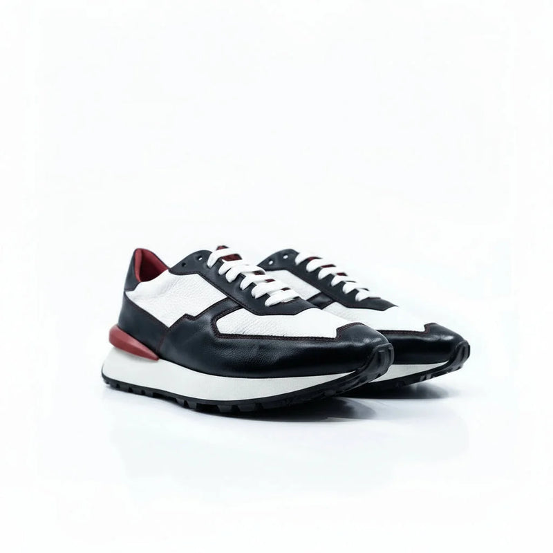M10 Chunky Tempo Trainer: black and white Italian leather sneakers with red accents