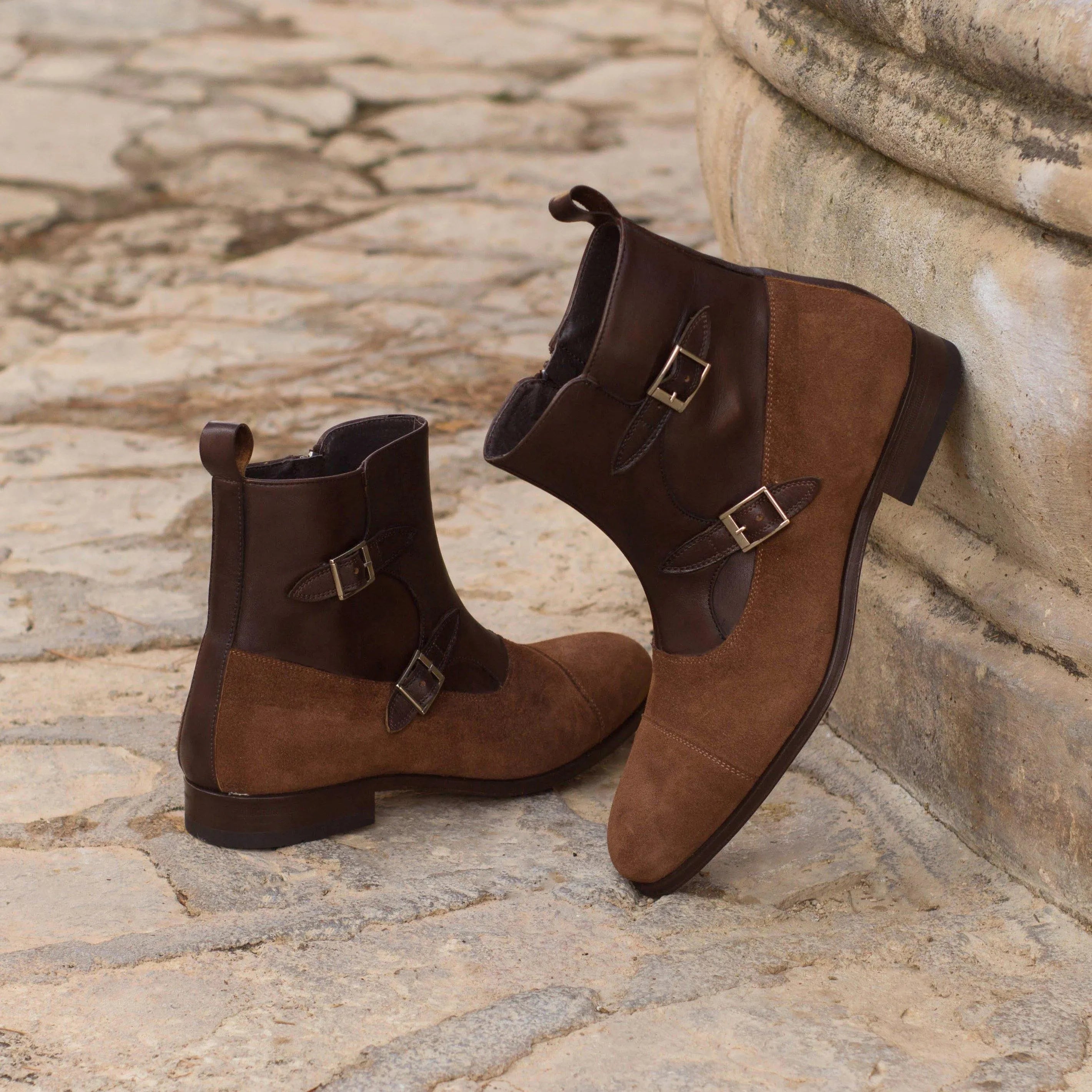 Two-toned brown leather buckle Macha Octavian Boots II showcasing stylish design