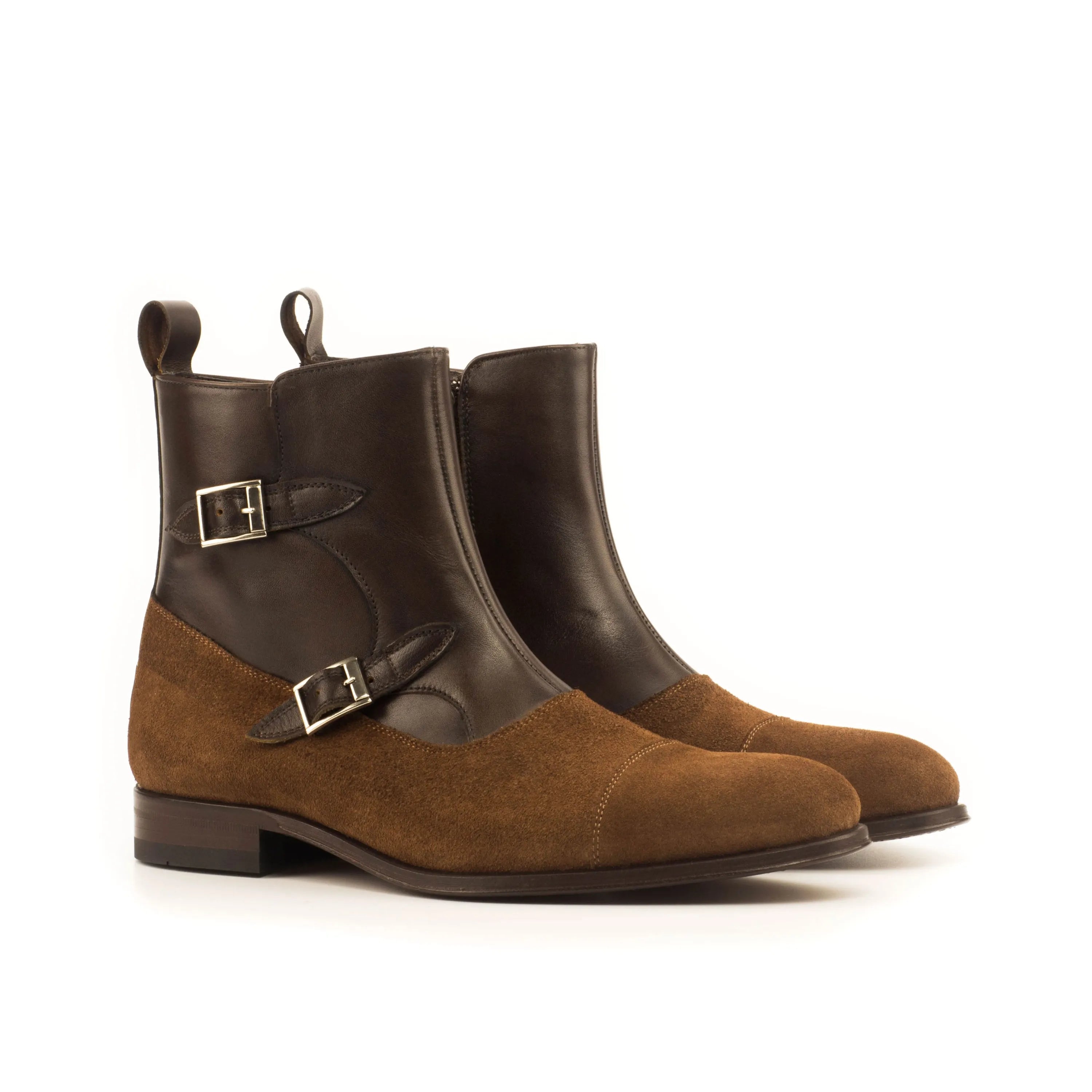 Brown leather and suede Macha Octavian Boots featuring monk strap design