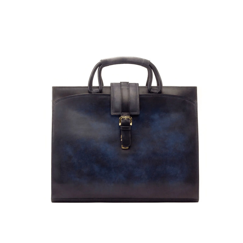 Blue leather Machino briefcase with buckle closure, showcasing unique savoir-faire and painted calf