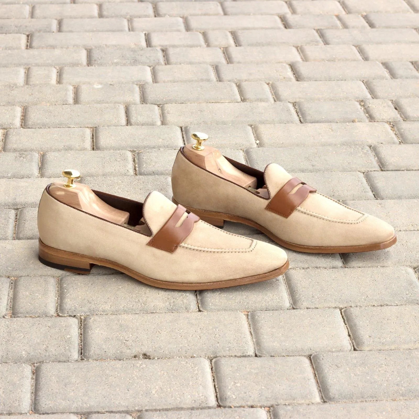 Beige suede Madi Loafers II, luxury bespoke shoes for men crafted from box calf