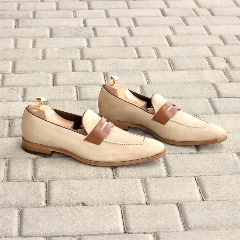 Beige suede Madi Loafers, luxury bespoke shoes for men crafted from box calf leather