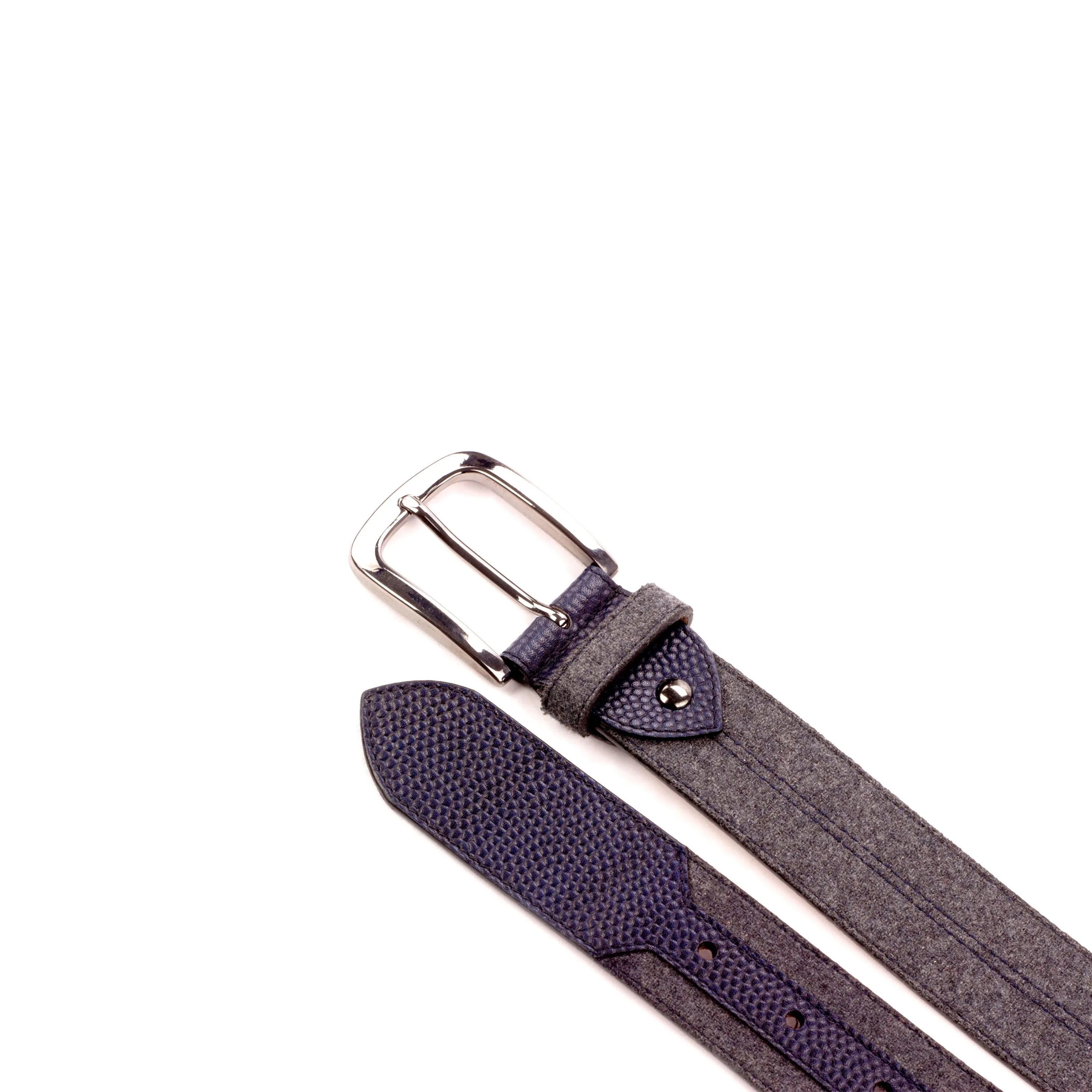 Gray and blue leather Manas Marseille Belt featuring a stylish silver buckle
